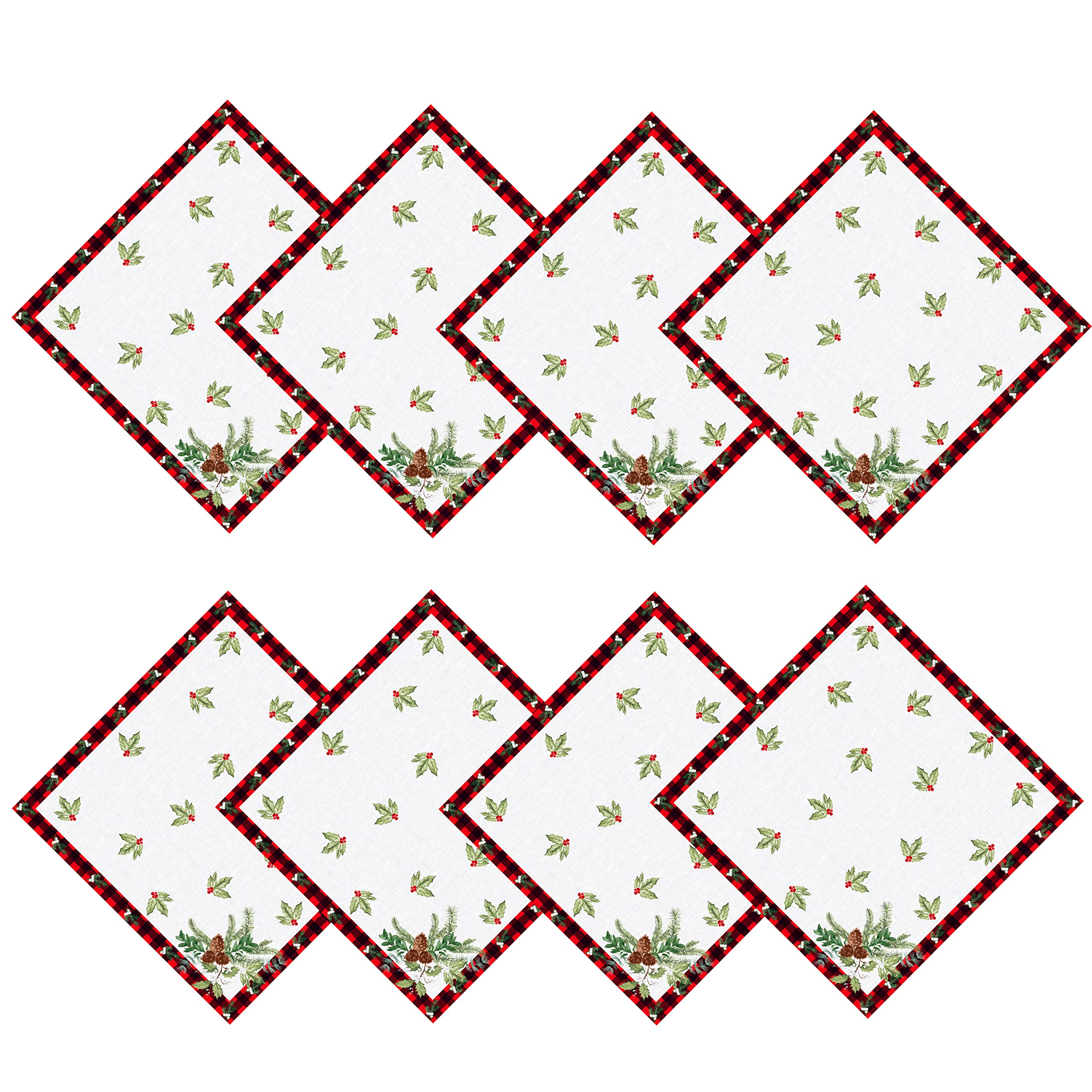 Lintex Aspen Red Black Plaid and Garland Bordered Christmas Napkins, Cottage Check Bordered Xmas and Holiday Print Easy Care Napkins, Set of 8 Fabric Border Napkins