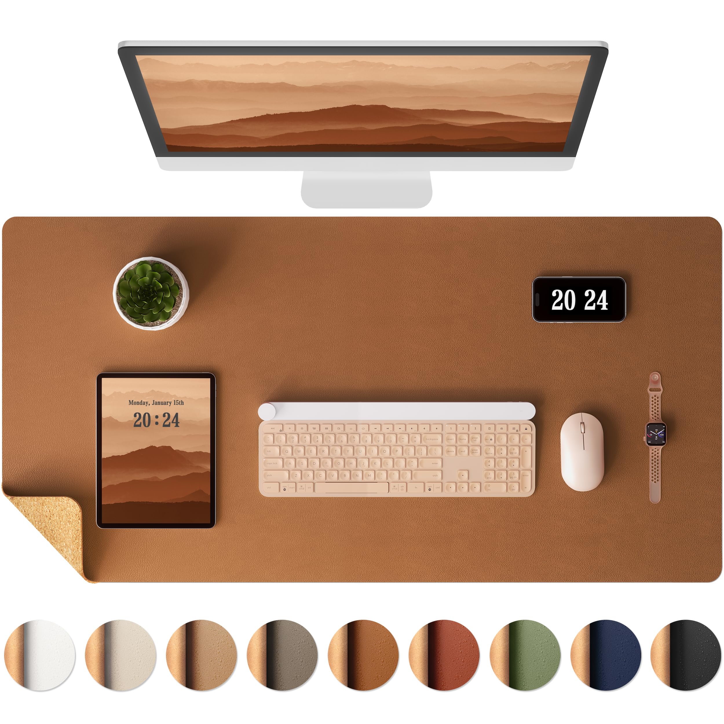 Aothia Double-Sided Desk Pad, 35.4" x 15.7"Leather Desk Mat, Eco Cork Desk Pad Protector,Large Mouse Pad,Waterproof Desk Blotter for Office/Home(Brown)OEKO-TEX STANDARD 100