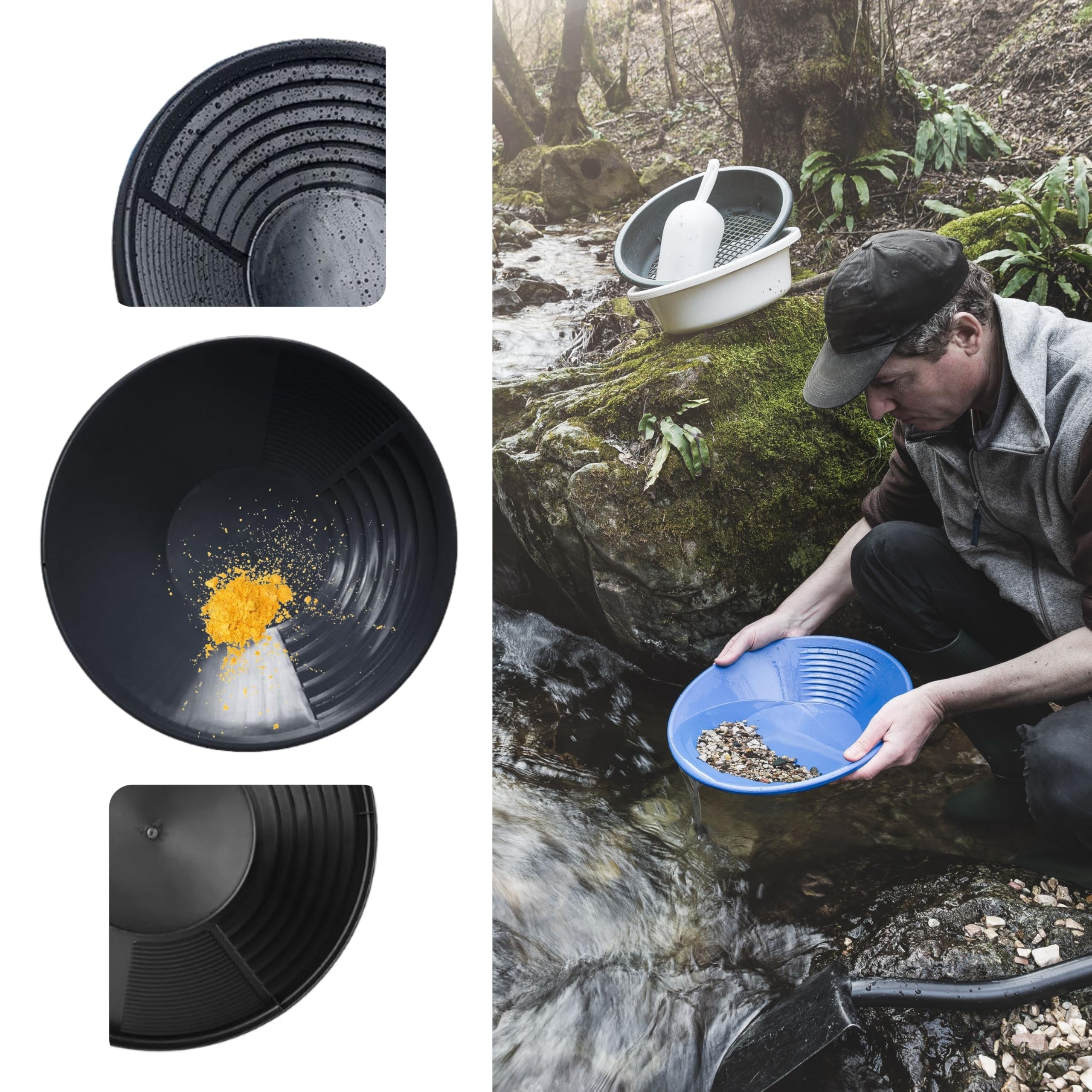 Bateas para Buscar Oro de 38,5cm, Bandeja de Lavado de Oro, Batea Oro para Minería y Prospección, Batea para Oro en Ríos, Arroyos, Zonas Mineras y Excavaciones, Accesorio esclusa para Lavar Oro