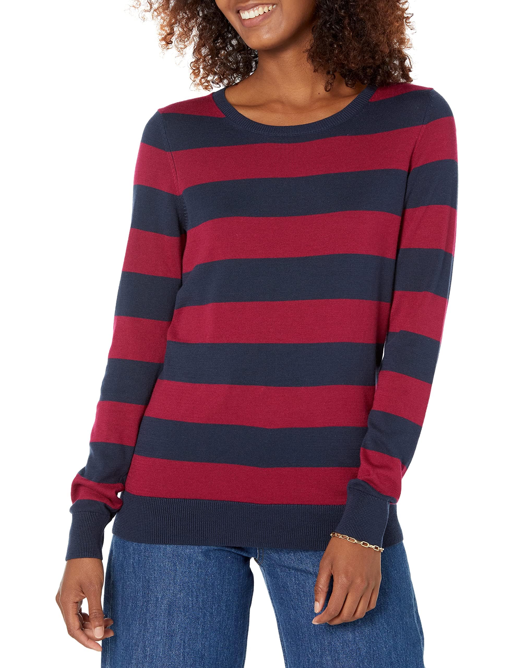 Amazon Essentials Women's Long-Sleeve Lightweight Crewneck Jumper (Available in Plus Size), Burgundy Navy Rugby Stripe, XXL