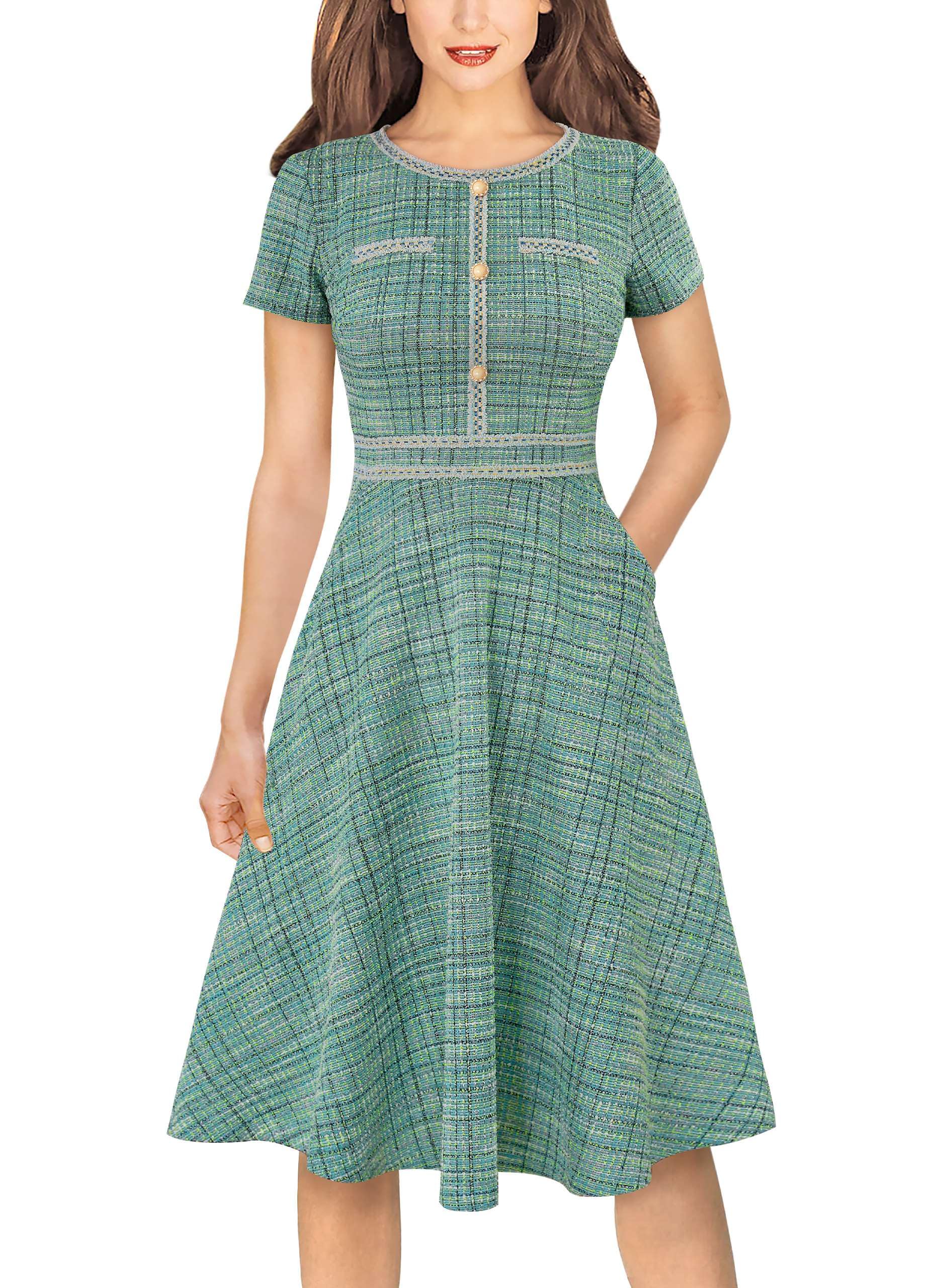 VFSHOW Womens Buttons Pockets Office Business A-Line Dresses Short Sleeve Work Crew Neck Tweed Trim Fit and Flare