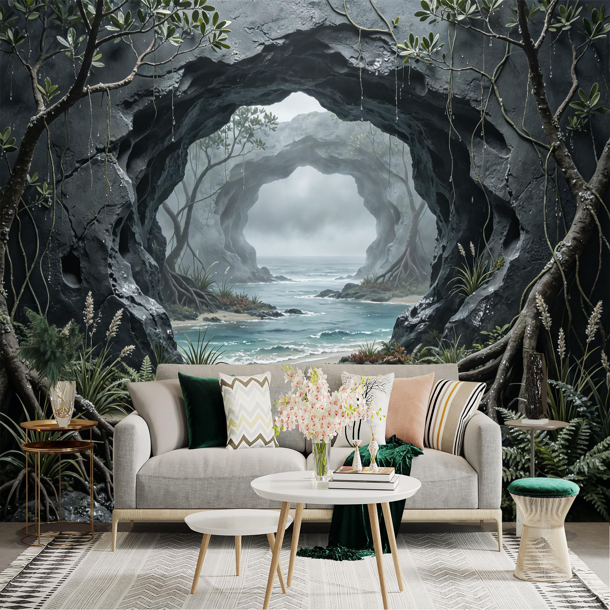 Custom Size Wall Sticker Mural， Coastal Cave with Ocean View， Misty Shore and Tropical Plants， for wall Decoration， peelandstick wall Decals.