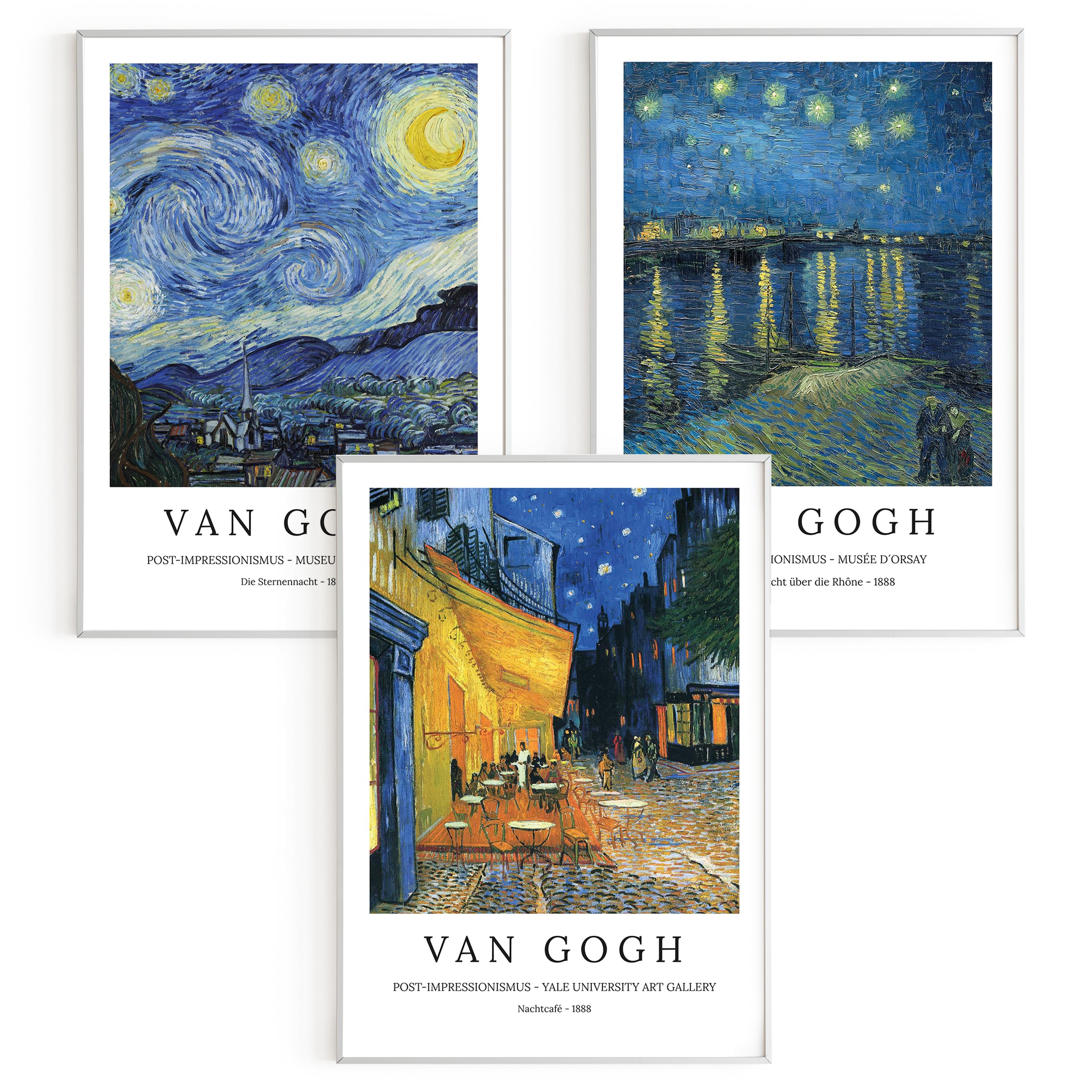 Bilder-Set: 3 x DIN A1 (60x84) Premium Posterpapier - Vincent van Gogh, Die Sternennacht; Nachtcafé; Sternennacht über die Rhône, Kunstdruck ohne Rahmen, Wandbild, Bilderwand - A4, A3, A2, A1, A0, ..