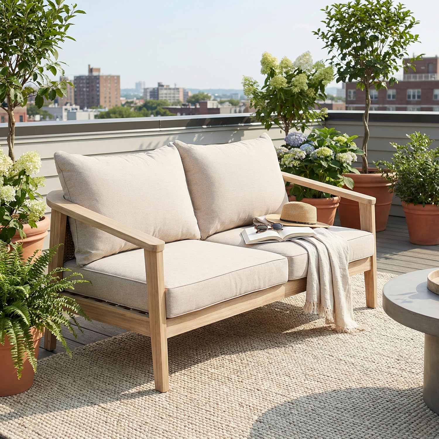 Merax Outdoor Wood and Wicker Loveseat, Light White Finish with Beige Cushion, Acacia Wood 2-Seater Patio Garden Sofa