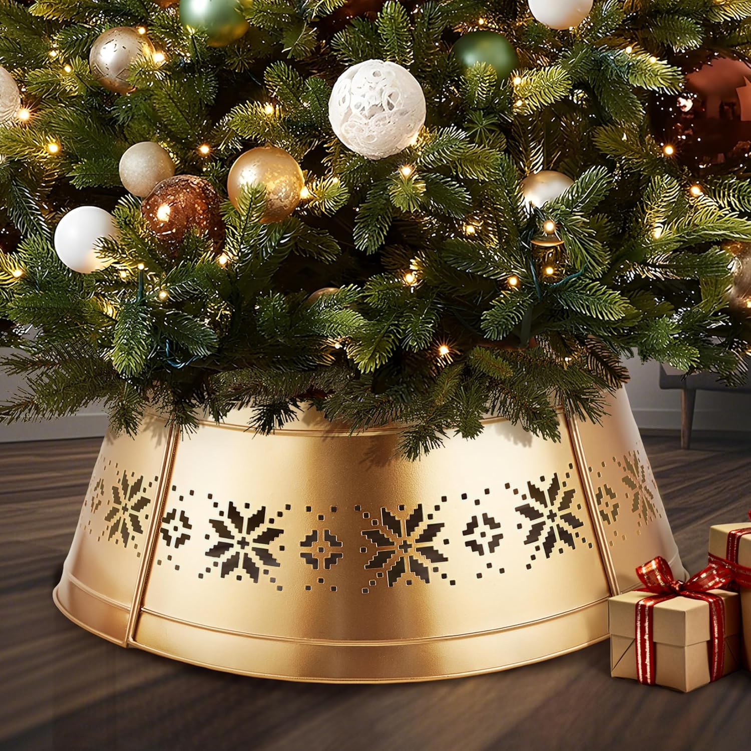 christmas tree collar and skirt set - 23" festive holiday decor with gold metal tree collar base stand - ideal for real or artificial trees - christmas skirt tree basket decorations gift gold snow gold snow 23"