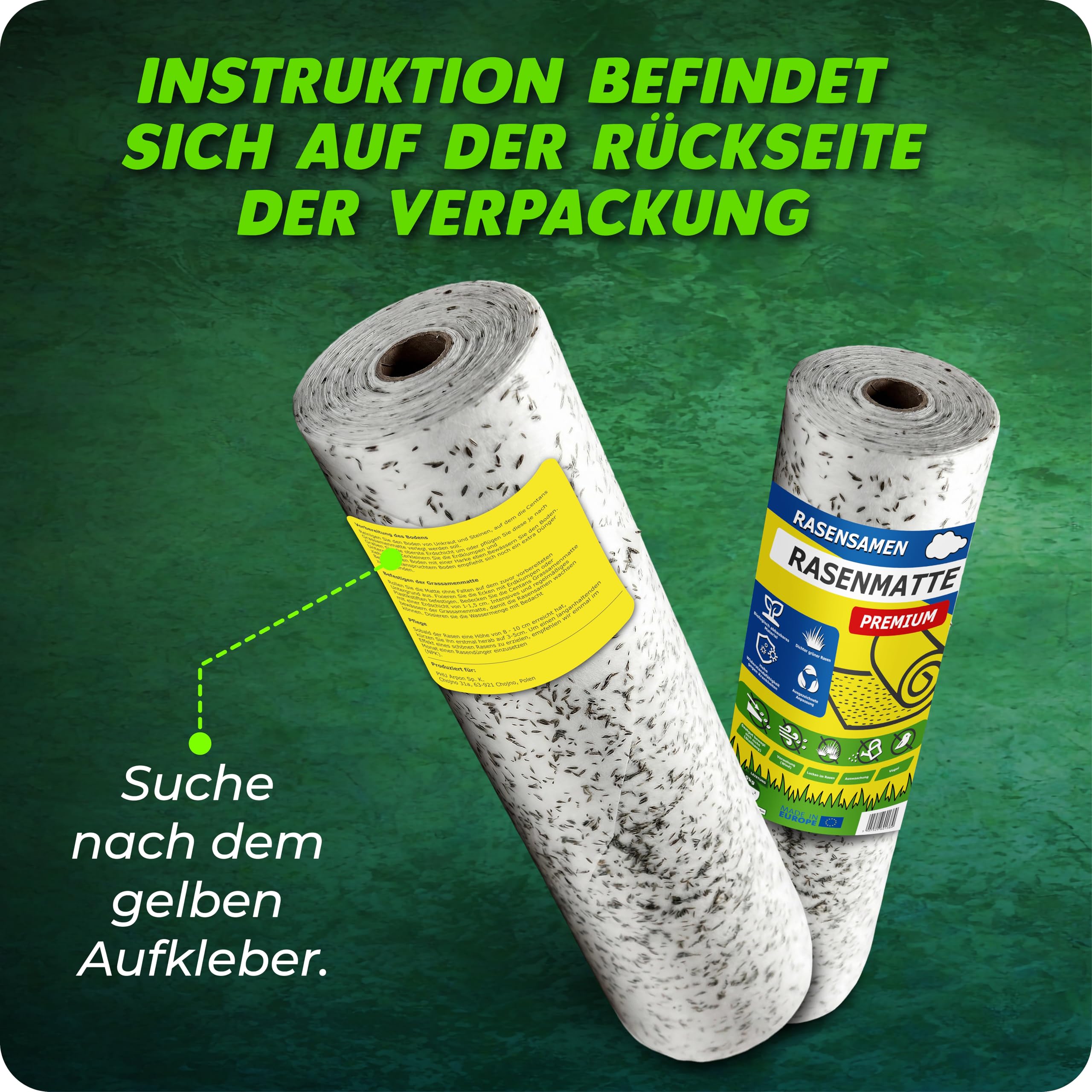 Matte mit integrierten Rasensamen - Gras auf der Rolle für eine einfache Aussaat - biologisch abbaubare Rasenvlies-Grassamen schnellkeimend- Rasenrolle (10m²) - Rasenmatte