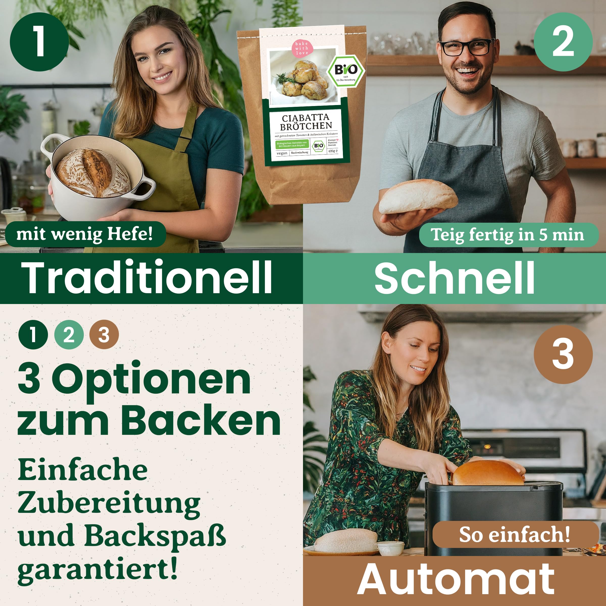 Bio Ciabatta Brötchen Backmischung – mit Tomaten, Kräutern & knuspriger Kruste – luftige italienische Brötchen für den Ofen – fast ohne Hefe – Bake with Love - 10er Pack