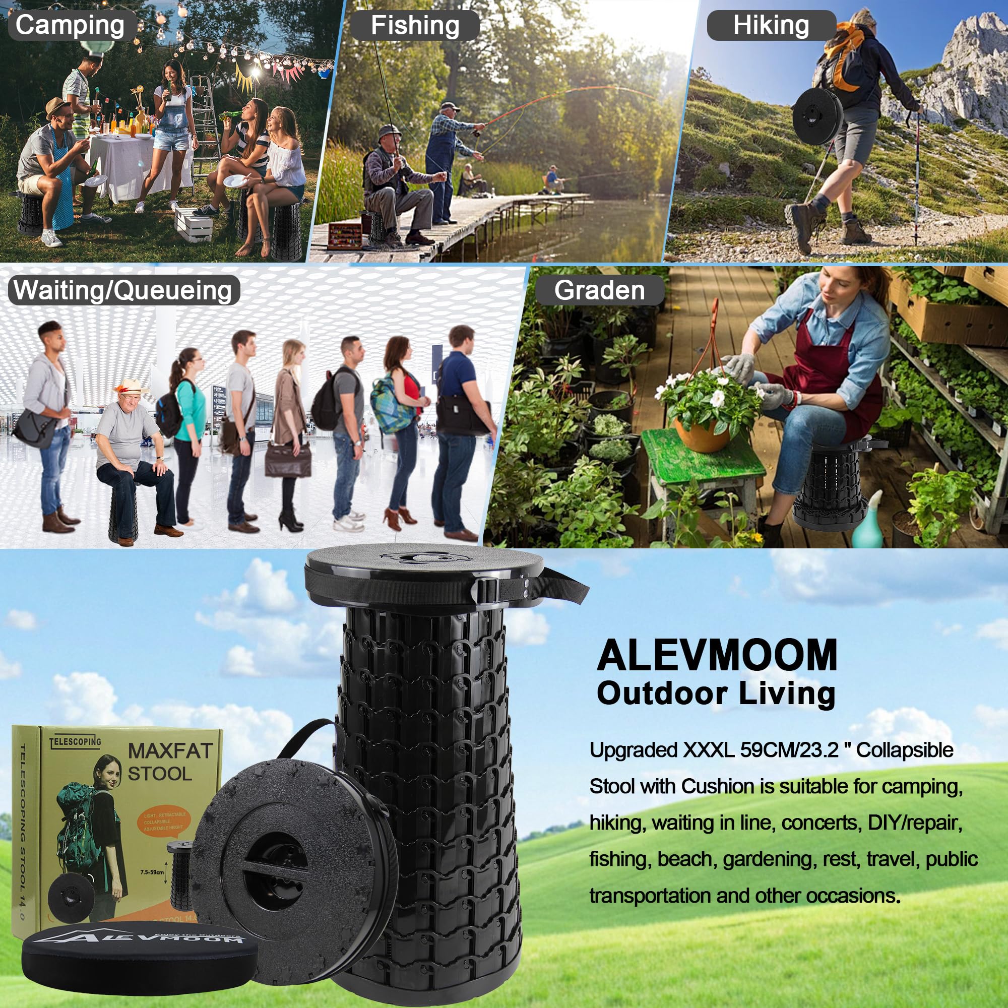 ALEVMOOM 2026 Verbesserter XXL-Klapphocker mit Kissen und Tasche, höherer 59 cm Tragbarer Teleskophocker, maximale Belastbarkeit 450 kg, einziehbarer Klapphocker für Camping und Reisen