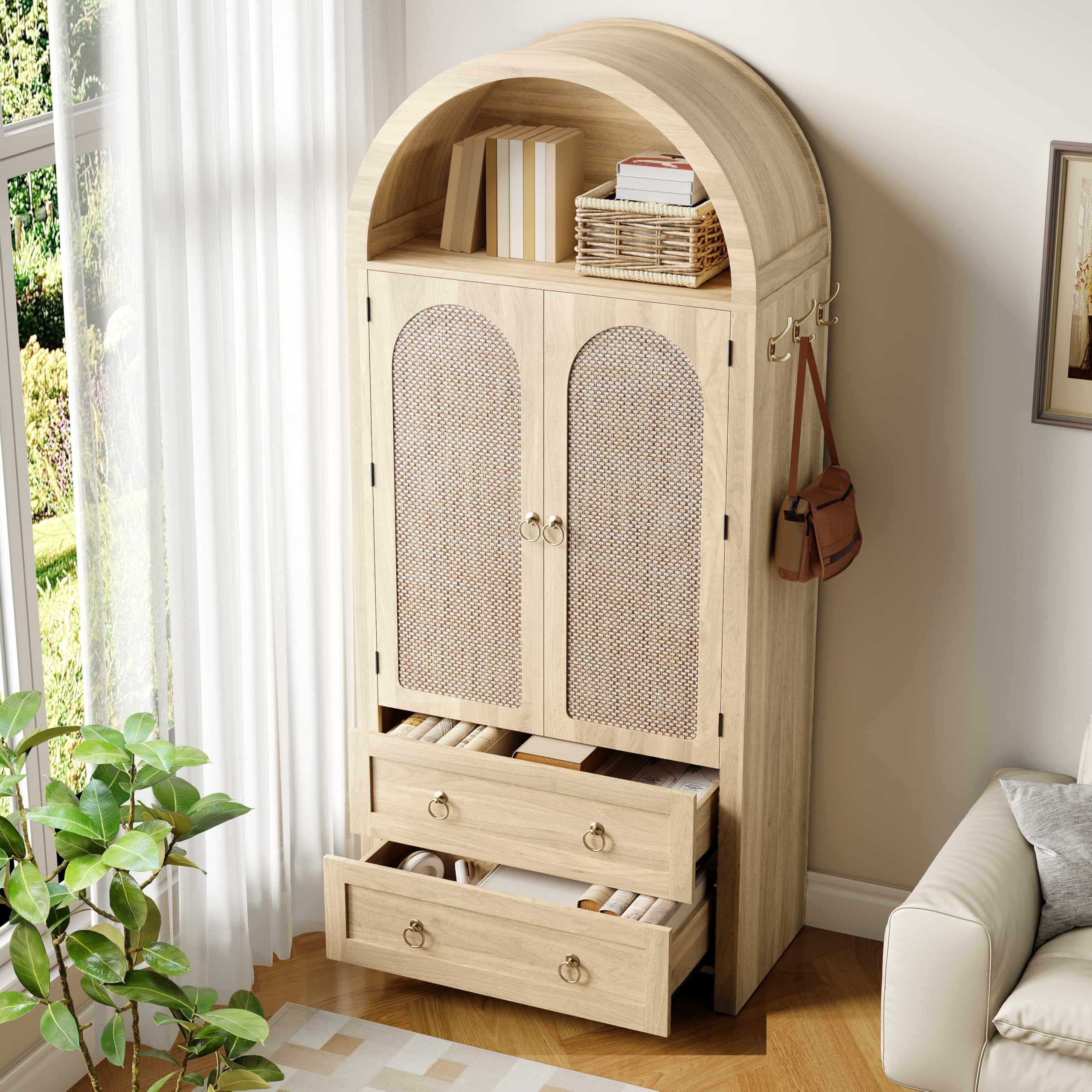 Zepneiy Buffet Salon et Chambre avec 2 Tiroir, Meuble de Rangement avec 2 Portes, Buffet Bois en Rotin Vintage, Étagères Réglables, Chêne