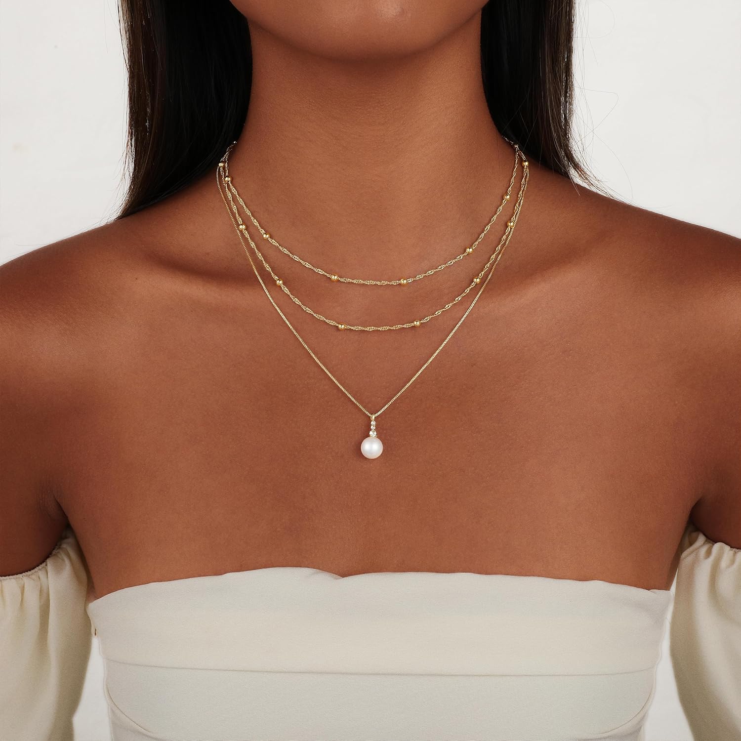 CAROVO Gold/Silver Layered Necklace for Women 14K Gold/Silver Plated Trendy Paperclip Circle Pearl Cross Stackable Pendant Necklace Dainty Gold Jewelry Gift for Women Adjustable - Image 2