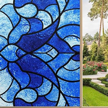 Window Privacy Film Stained Glass Blue Decorative Frosted Glass Window Film for Glass Door Bathroom Window 17.7 x 23.6 Non-Adhesive Window Decals Stickers