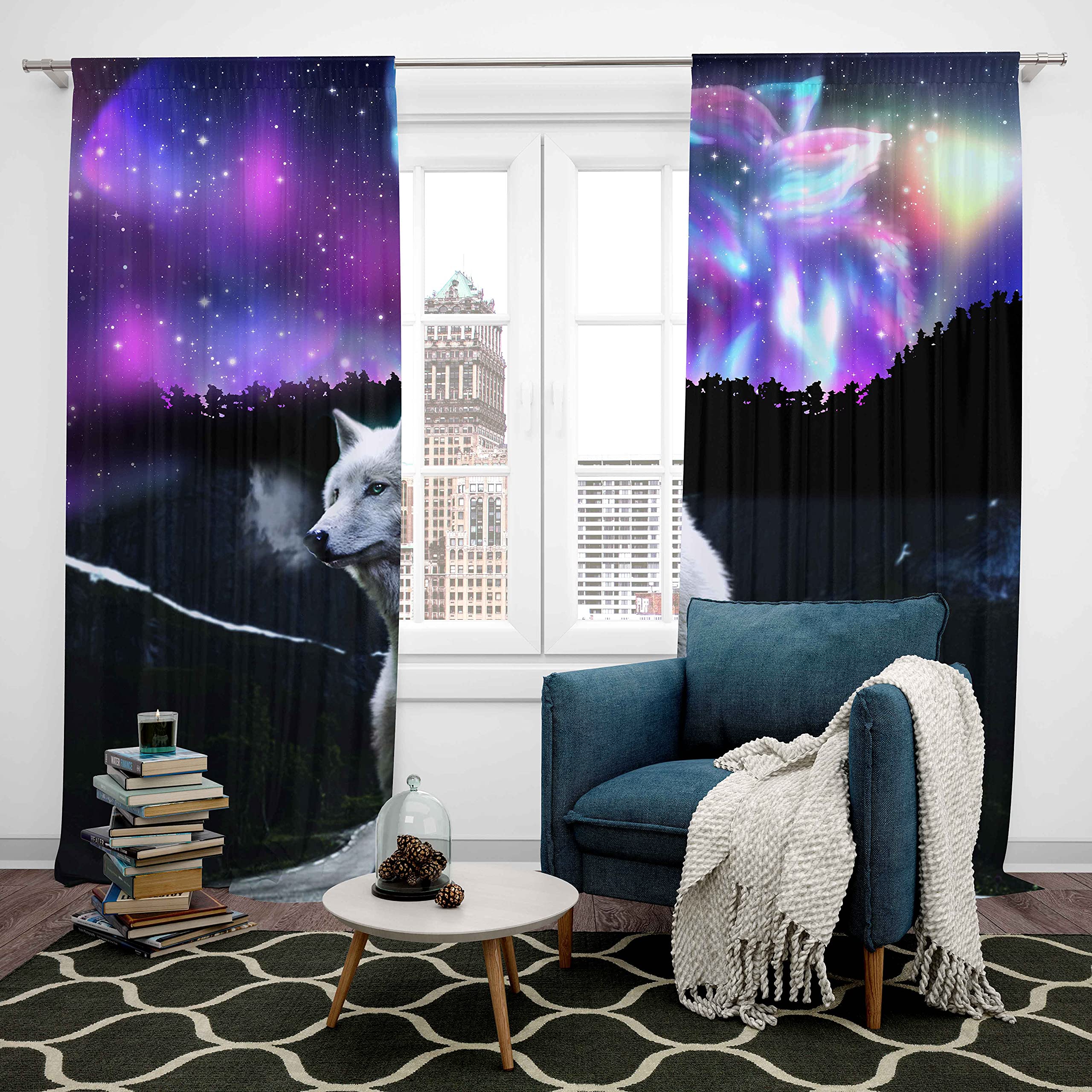 Loussiesd Wolf Thermal Curtain 3D Galaxy Wolf Curtain for Bedroom for Kids Boys Girls Cool Wildlife Room Darkening Curtain Purple Starry Sky Night Drapes,W46*L72 - Image 3
