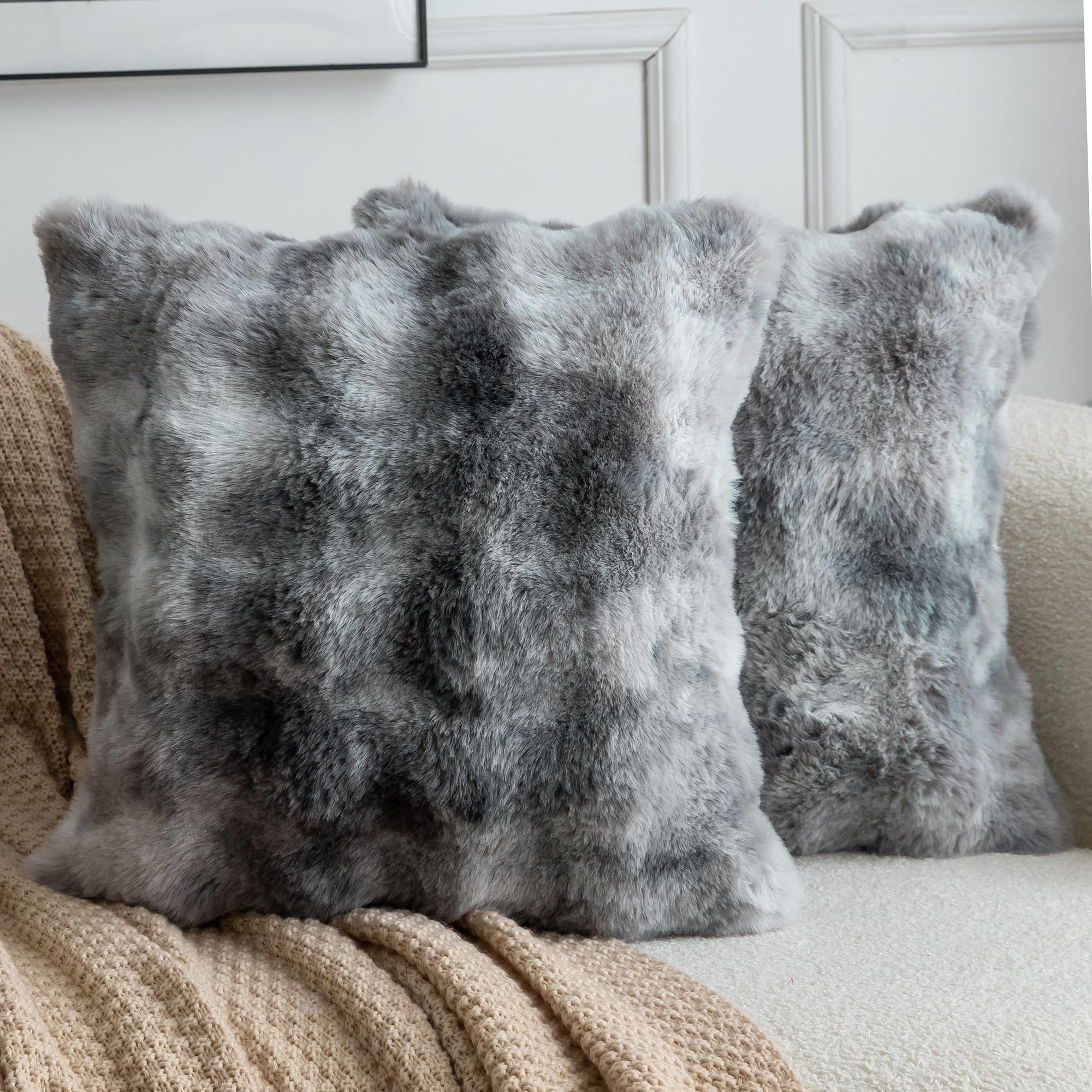 Neelvin Set of 2 Decorative Cushion Covers Thick Plush Wool Grey Throw Pillow Covers 40x40 cm,16x16 Inches Pillowcase Plush fluffy for Couch Livingroom Sofa Bedroom