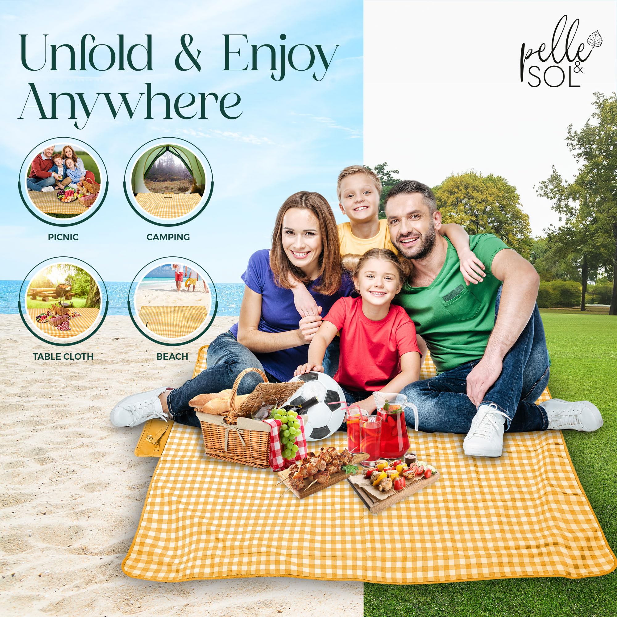 Pelle & Sol, coperta da picnic, pieghevole, impermeabile, a prova di sabbia, lavabile in lavatrice, antiscivolo, con maniglia per il trasporto per famiglia, spiaggia, campeggio, 200 x 140 cm (giallo)