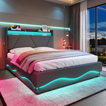 4ft6 Upholstered Double Bed Frame Ottoman Bed with LED Lighting and USB C, Hydraulic Storage Beds Double Beds 135x190 cm with Storage Headboard and Bag, Velvet, Grey, No Mattress