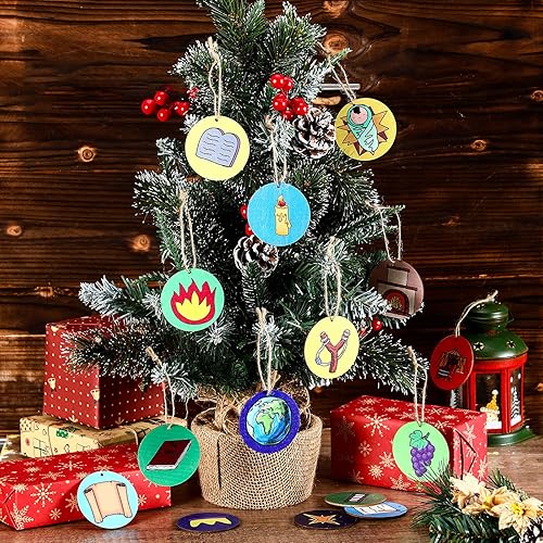 Miniatura 4 de Remerry Juego de 24 adornos de árbol de Jesús de Adviento de 2.5 pulgadas, adornos colgantes de árbol de Jesse, símbolos de calendario de Jesús e