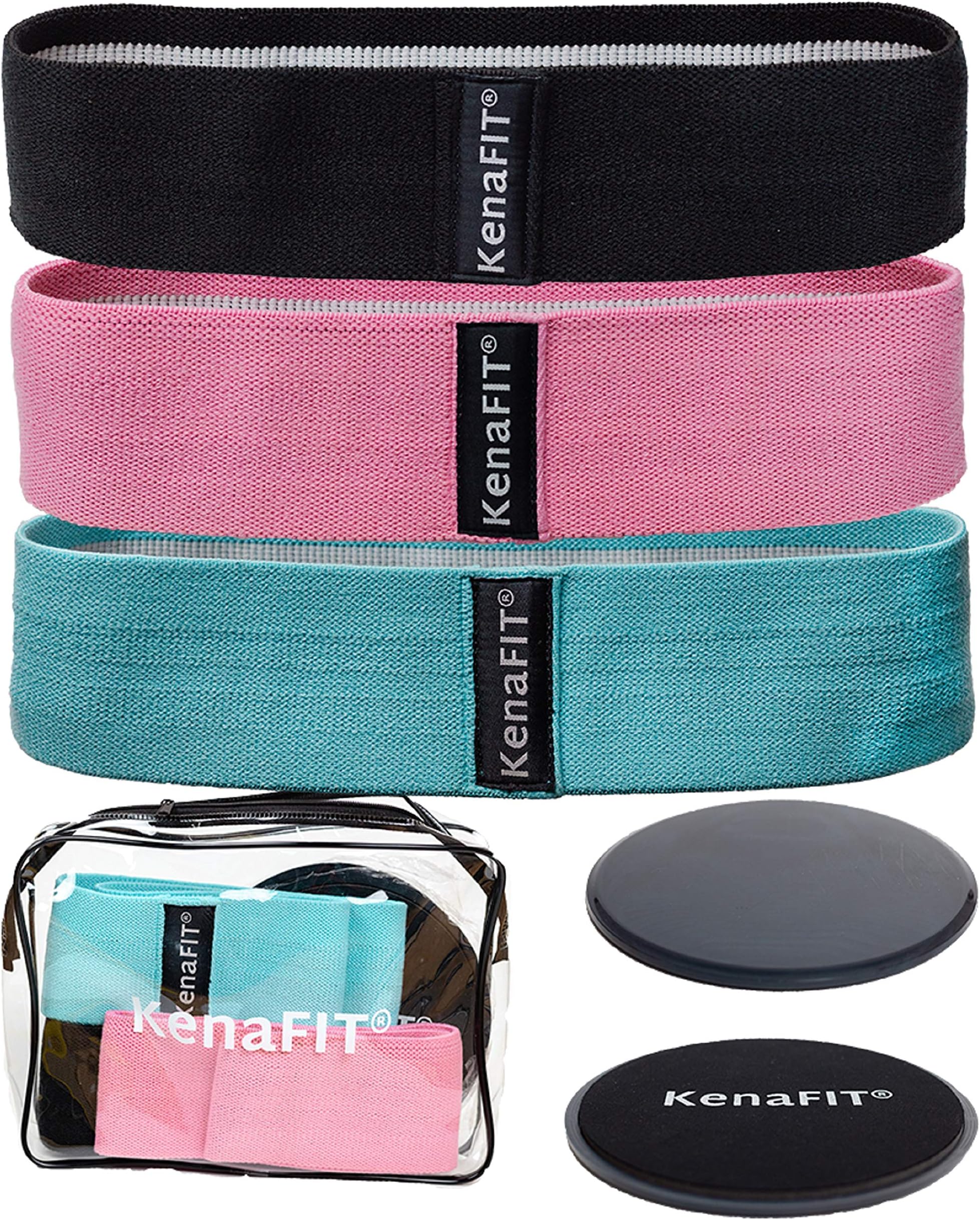 Booty Bands and Core Slider Strength Set - Fabric Resistance Bands for Legs and Butt, Glutes, Thigh Non-Slip Bands for Squats, Deadlifts, Yoga - 3 Hip Bands and 2 Core Gliders for Working Out