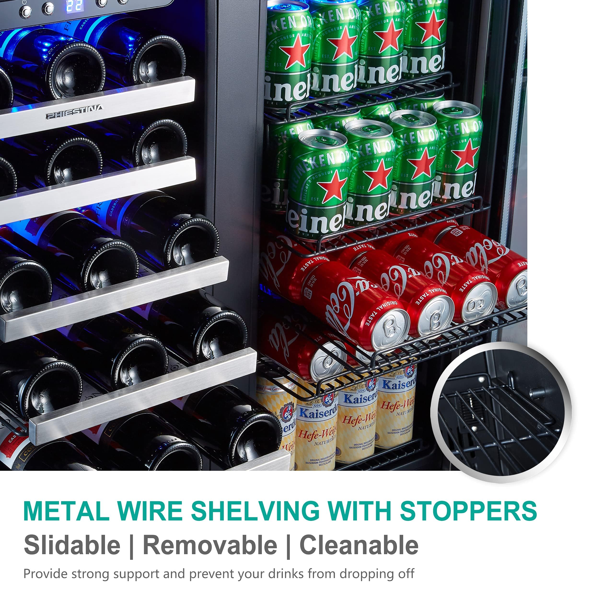 Phiestina Wine and Beverage Refrigerator, 30 inch Dual Zone Wine Fridge with Glass Door 33 Bottles & 100Cans, Built-in or Freestanding Beer Drink Wine Cooler with Blue LED Light