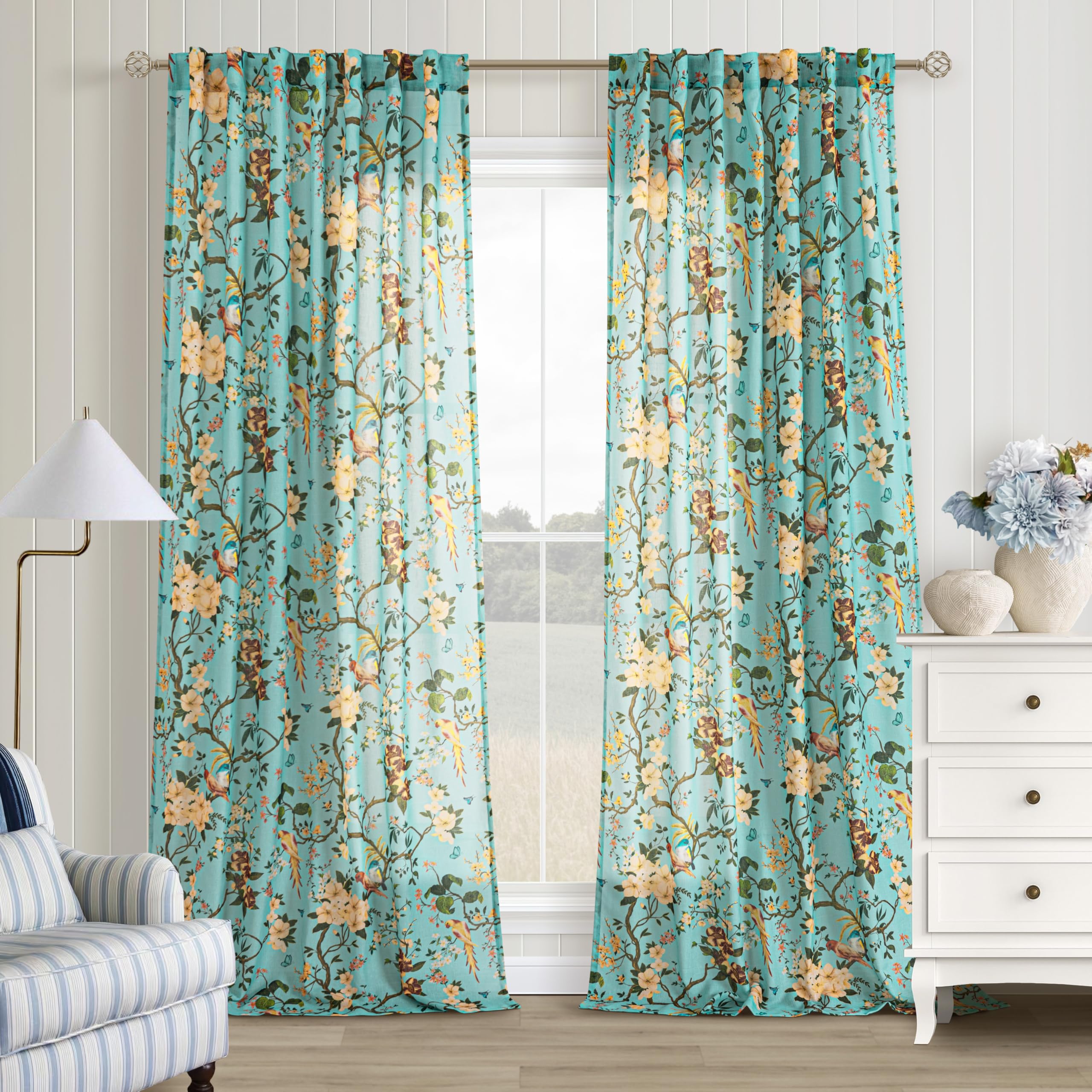 Extra Long 120 Inch Blue and Green Floral Bird Curtains Boho Sheer 2 Panels Back Tab for Living Room Farmhouse Cottage Light Filtering Flower Patterned Linen Drapes for Dining Room Bedroom Aqua Blue