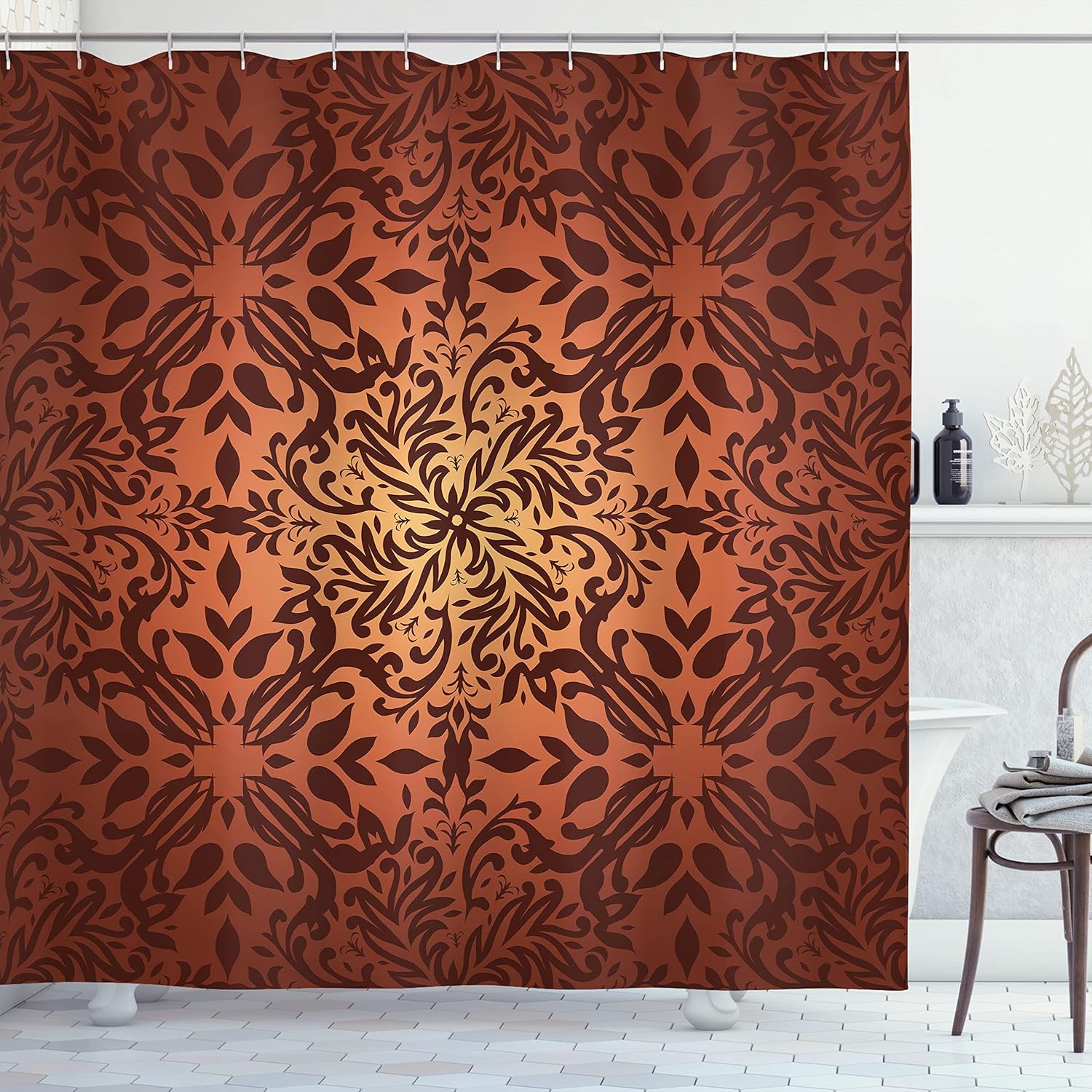 Ambesonne Oriental Shower Curtain, Mandala Inspired Curly Flowers and Leaves Details Frame Illustration, Cloth Fabric Bathroom Decor Set with Hooks, 69" W x 75" L, Cinnamon Cream