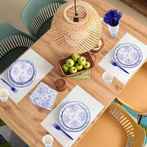Miniatura 6 de durony Juego de vajilla desechable de 144 piezas de flores azules y blancas de 9 pulgadas, 7 pulgadas, elegantes platos de papel floral azul,