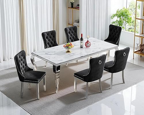 Miniatura 31 de Juego de mesa de comedor de mármol sintético, 7 piezas, juego de mesa de cocina y comedor para 6, mesa de comedor rectangular blanca de 70 pulgadas