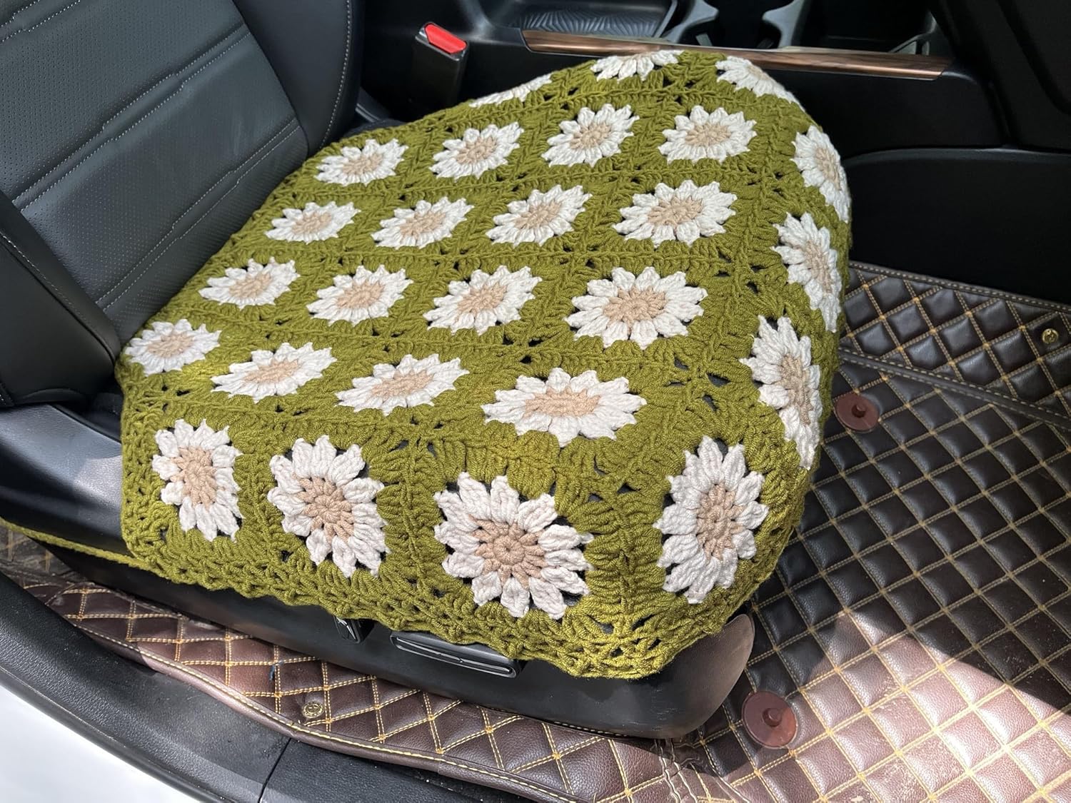 Handmade Crochet Sunflower Car Seat Cover Front Bottom Seat Cushion Cover,Universal Fit Vehicles Sedans SUVS Vans Trucks -2 Piece (Mustard Green)