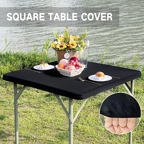 Miniatura 3 de Mantel cuadrado ajustable elástico de elastano para mesa de comedor, cocina, fiesta en casa, color negro, 34 x 34 pulgadas