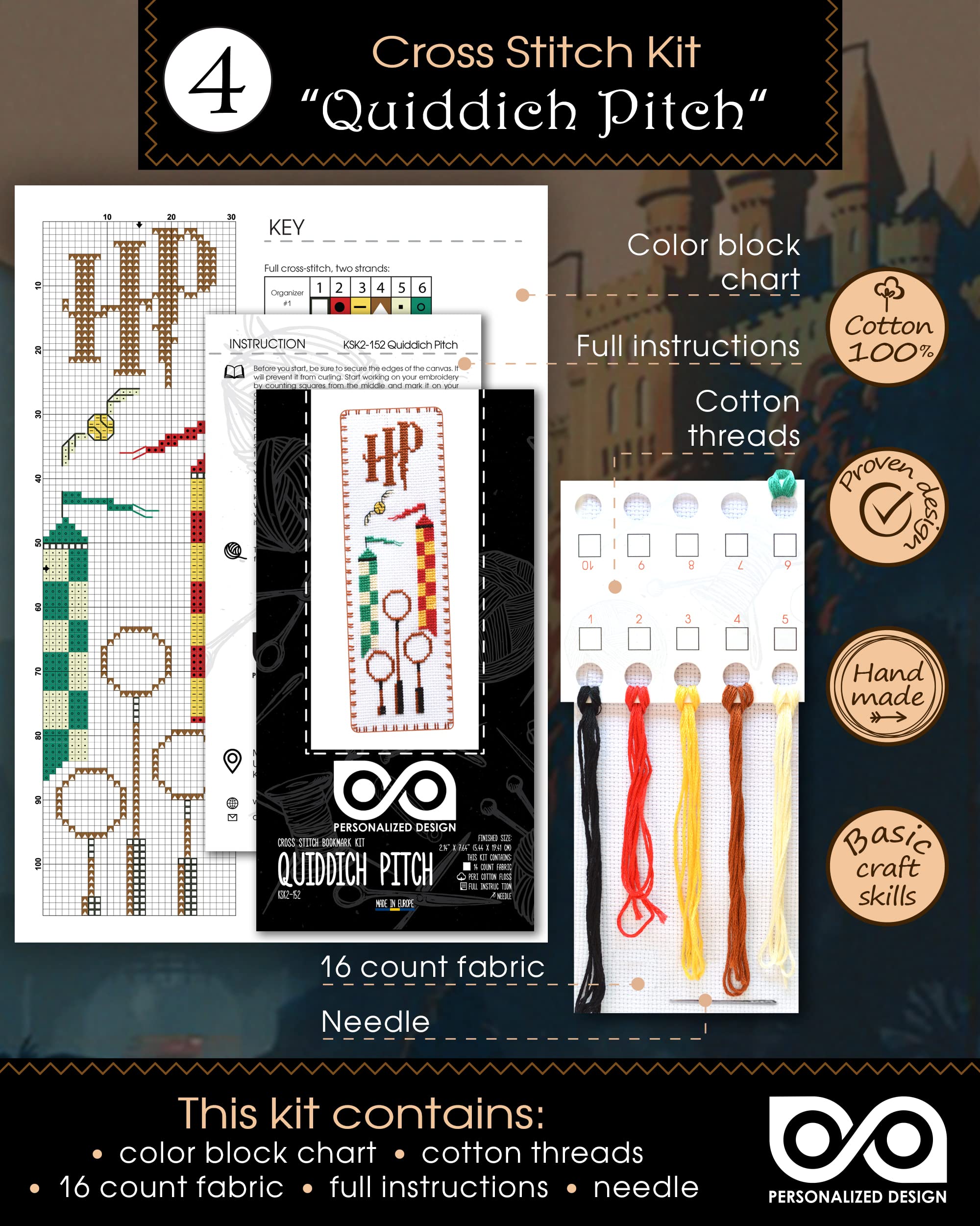 Personalized.Design Kit punto croce contato Magic World of Wizards – Segnalibri 7 in 1 fai da te ricamati a mano