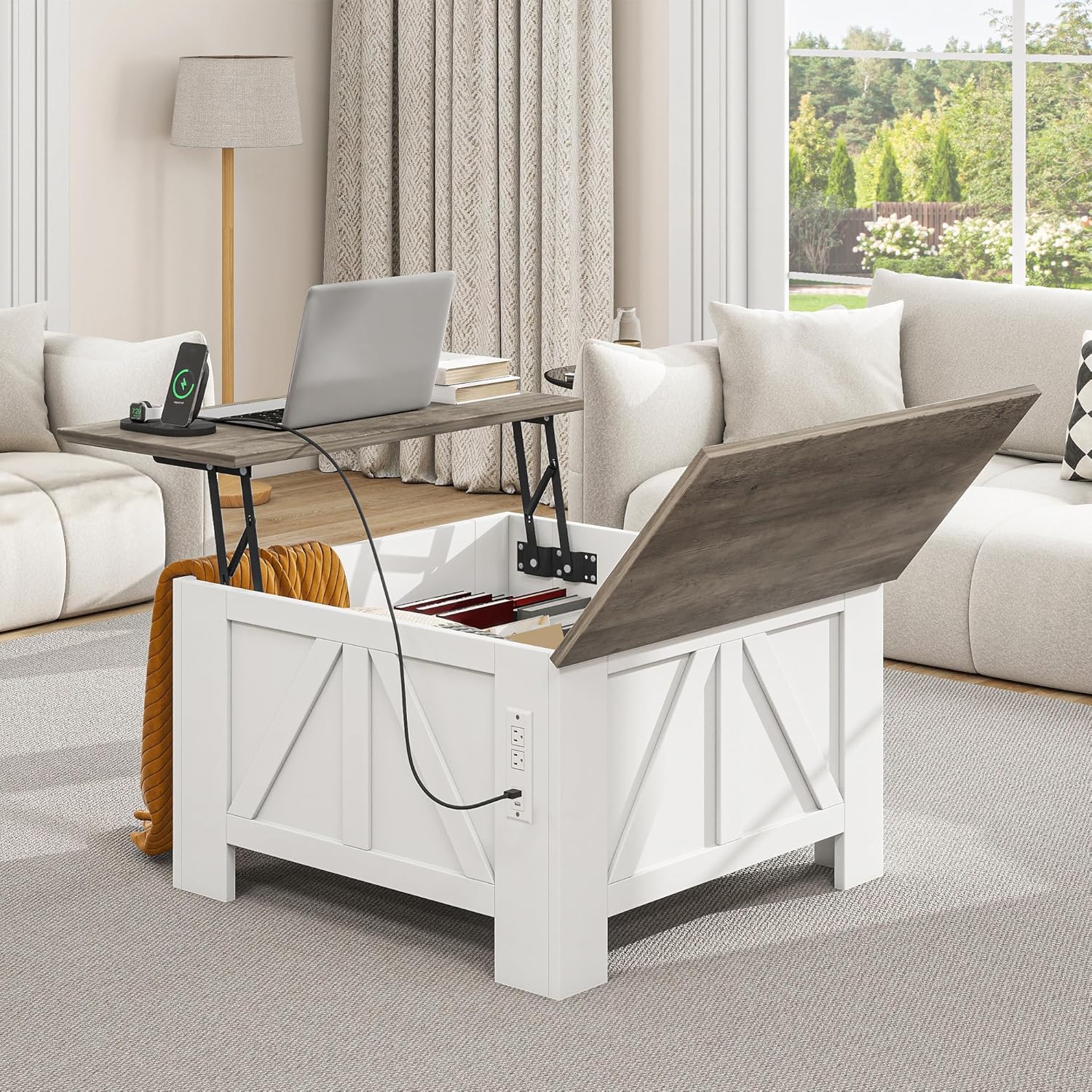 Diagram showing the dimensions of the YITAHOME coffee table, including its length, width, and height, both closed and with the lift-top raised.