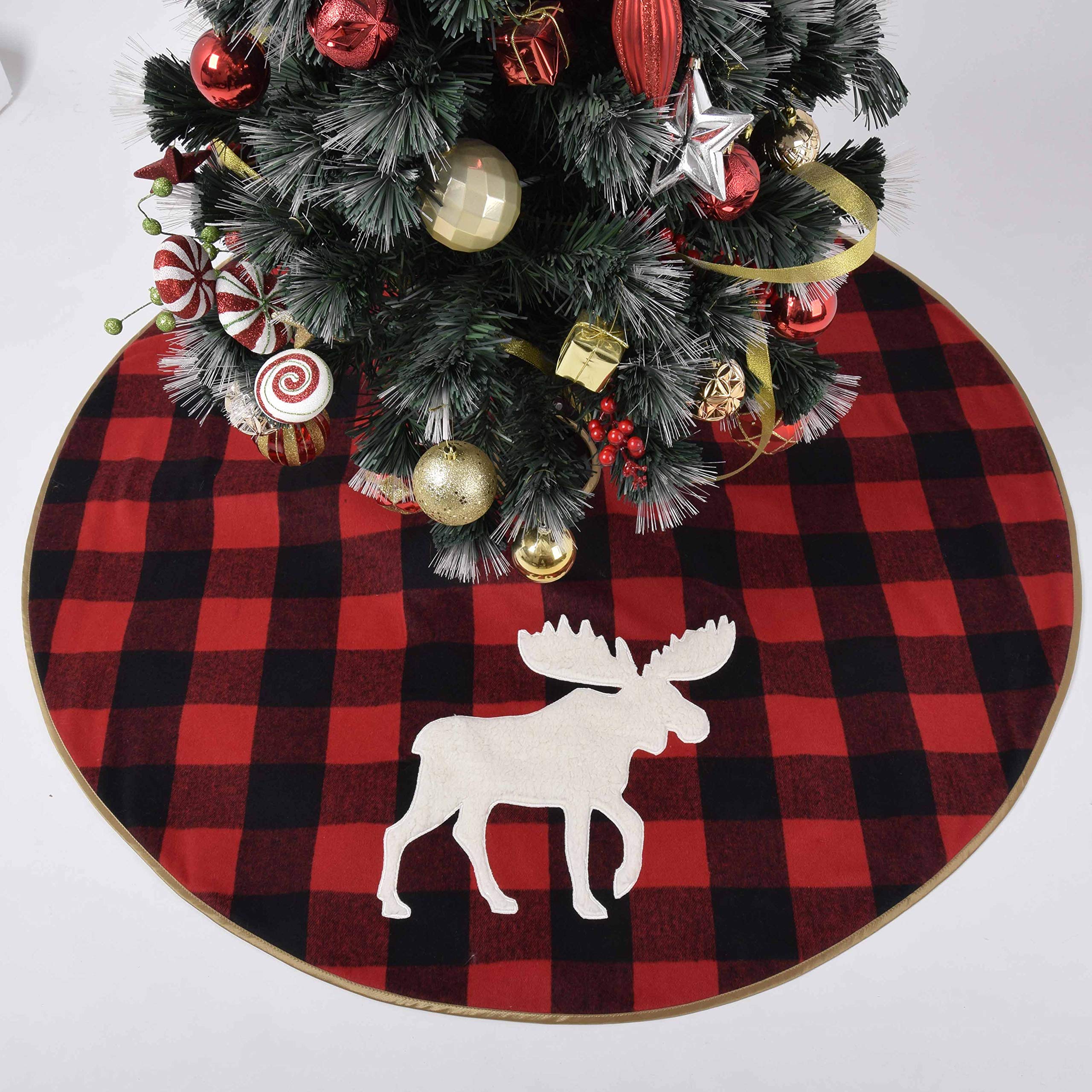 Gireshome Buffalo Check Plaid,Yarn-Dyed Style with White Sherpa Reindeer Applique Embroidery,Reverse to Ploar Fleece Christmas Tree Skirt -48inch