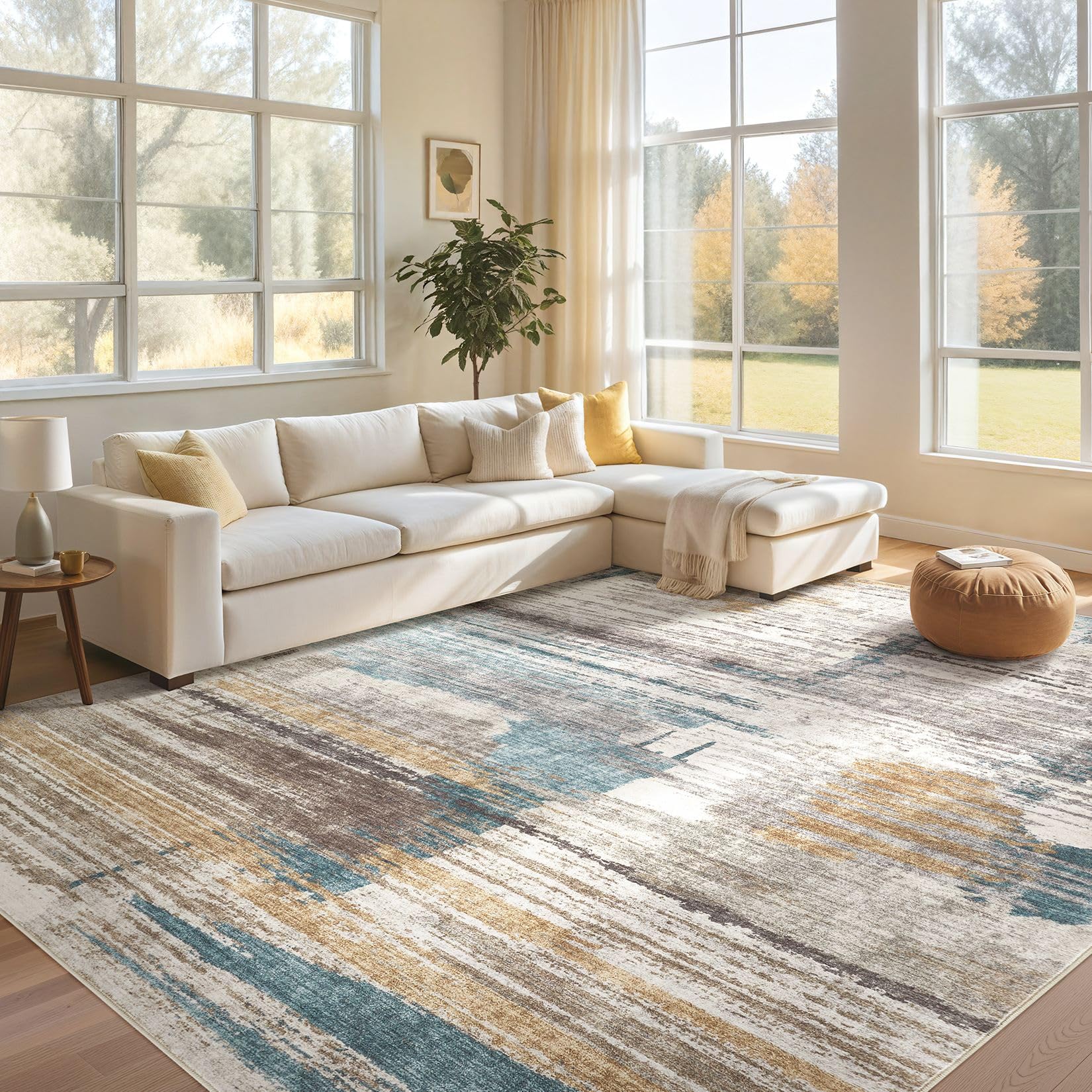 Area Rug 9x12 Living Room Rugs, Large Washable Rug Indoor,Soft Low Pile Carpet, Non-Slip Abstract Modern Rug for Bedroom Dining Room Home Office - Blue/Grey/Gold