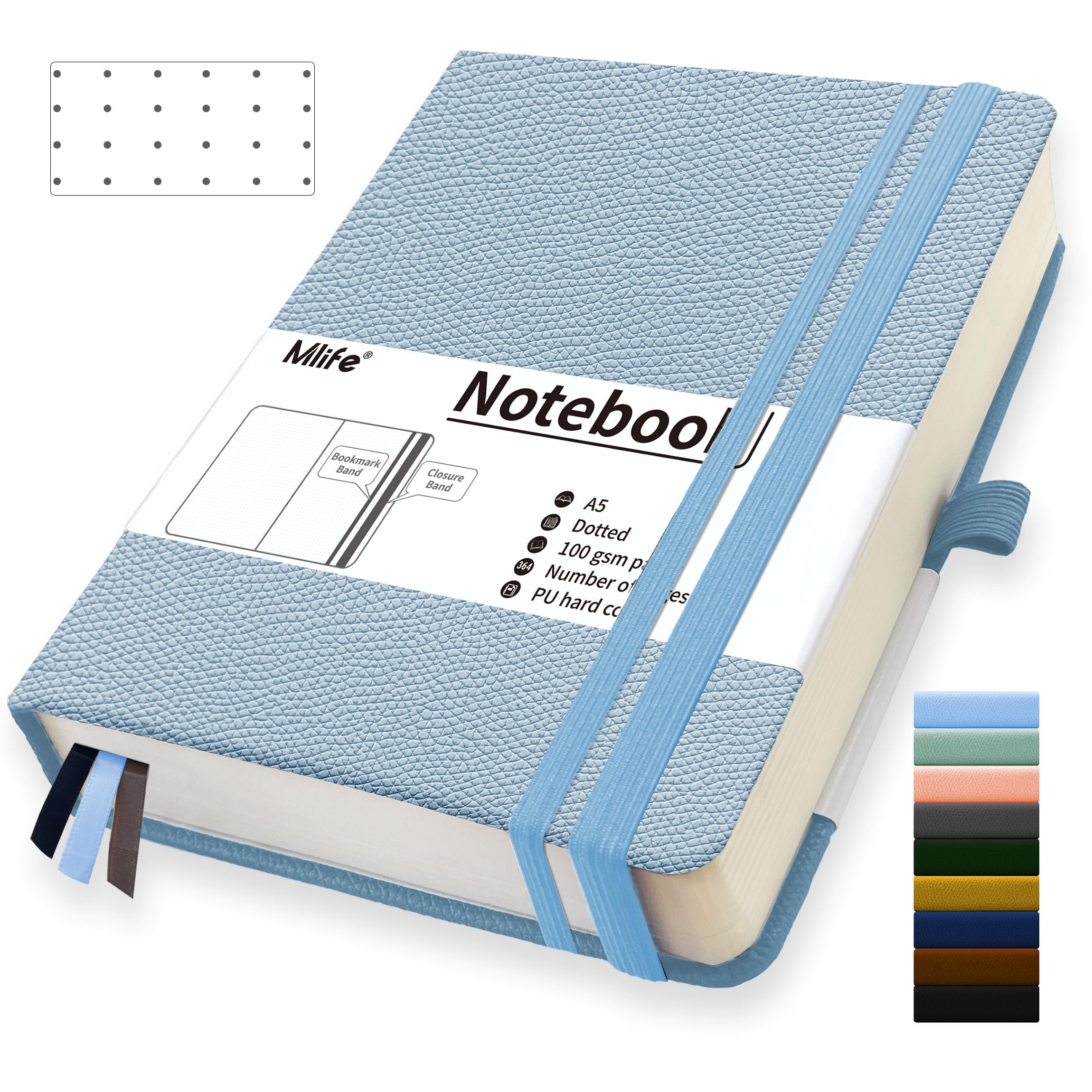 Mlife A5 Dotted Journal Notebook,-360 Numbered Pages Thick Journal for Writing,100Gsm Premium Thick Paper,PU Hard Cover Notebooks College Ruled, Daily Journals for Men Women School Office(Light Blue)