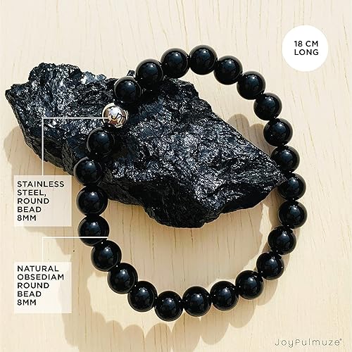 Miniatura 5 de Joyfulmuze Genuine Black Obsidian Stretch Bracelet for Men, Protection Boho Jewelry Birthday Gift for Men and Father, Handmade Chakra Black Crystal