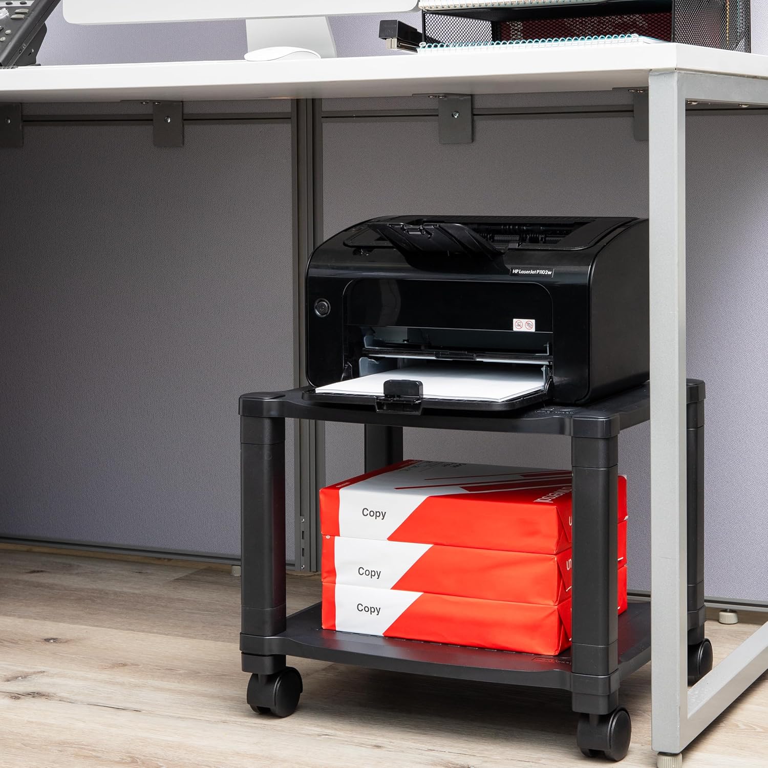 Black Adjustable Height Mobile Printer Cart with 3 Shelves