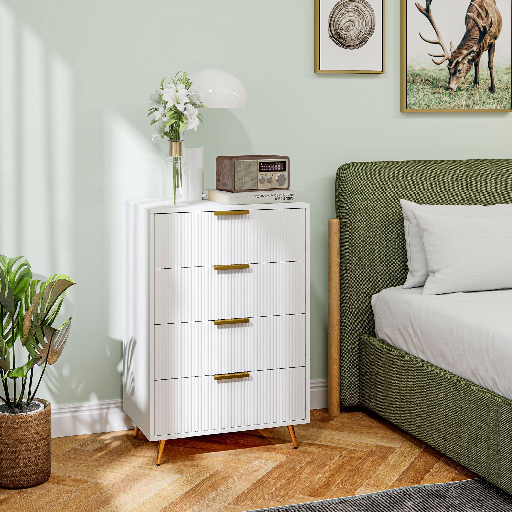 HOMCOM Cómoda con 4 Cajones Frentes con Diseño Ondulado 60x40x90 cm Blanco | Cómoda de Dormitorio Moderno, Anti-vuelco, Cajonera para Salón Pasillo