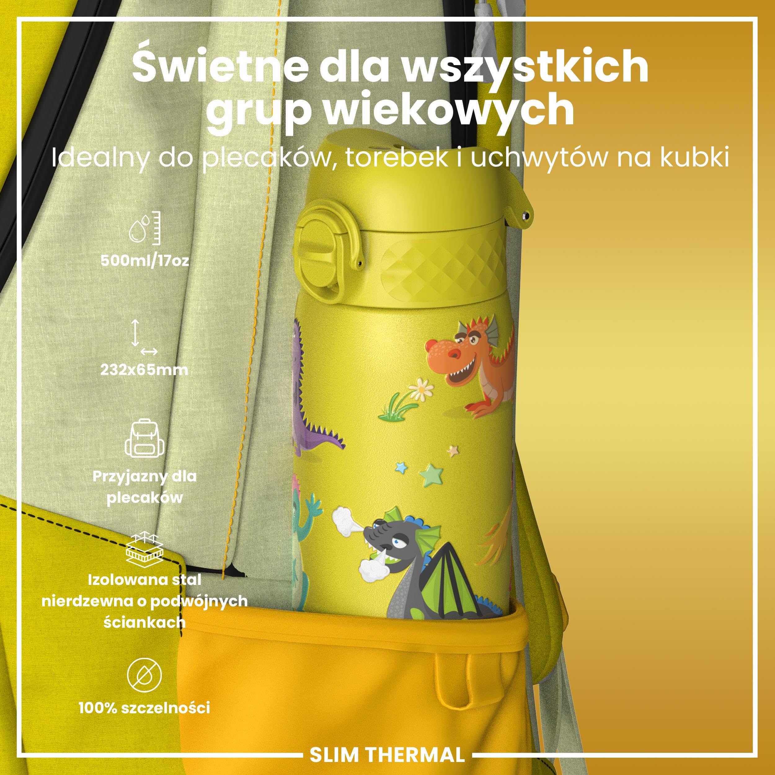 ION8 Termoizolowana Butelka na Wodę, Stali Nierdzewnej, 500 ml/18 oz, Szczelna, Łatwa w Otwieraniu, Bezpieczny Zamek, Można Myć w Zmywarce, Uchwyt do Przenoszenia, Metalowa Butelka, Smoki