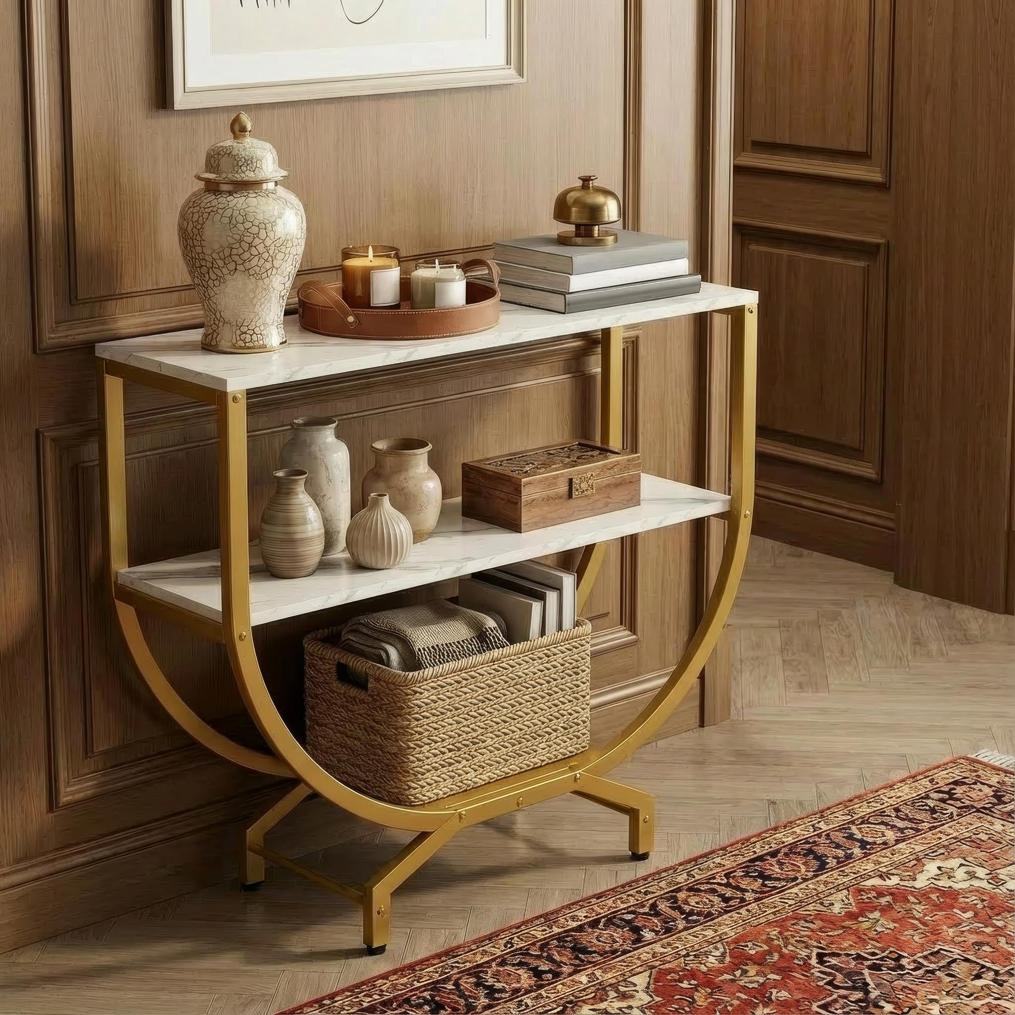 Modern Console Table for Entryway, White Marble Finish Top with Gold Metal Frame | Narrow Console Table with Storage Shelf | Wooden MDF Console Tables for Living Room, Bedroom & Home Decor | DIY-image-11