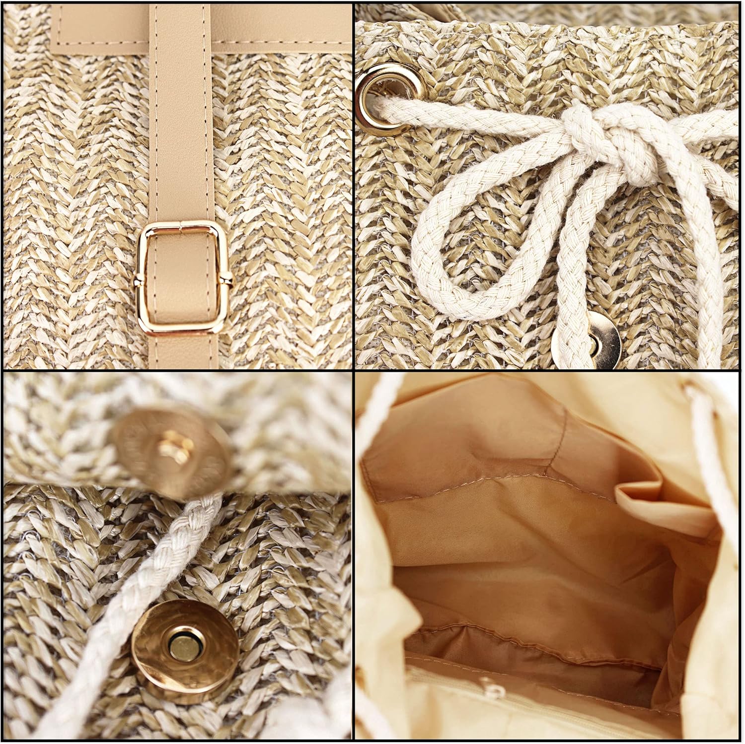 Women Medium Straw Woven Backpack Flap Drawstring Daypack Summer Beach Shoulders Bag - Image 6