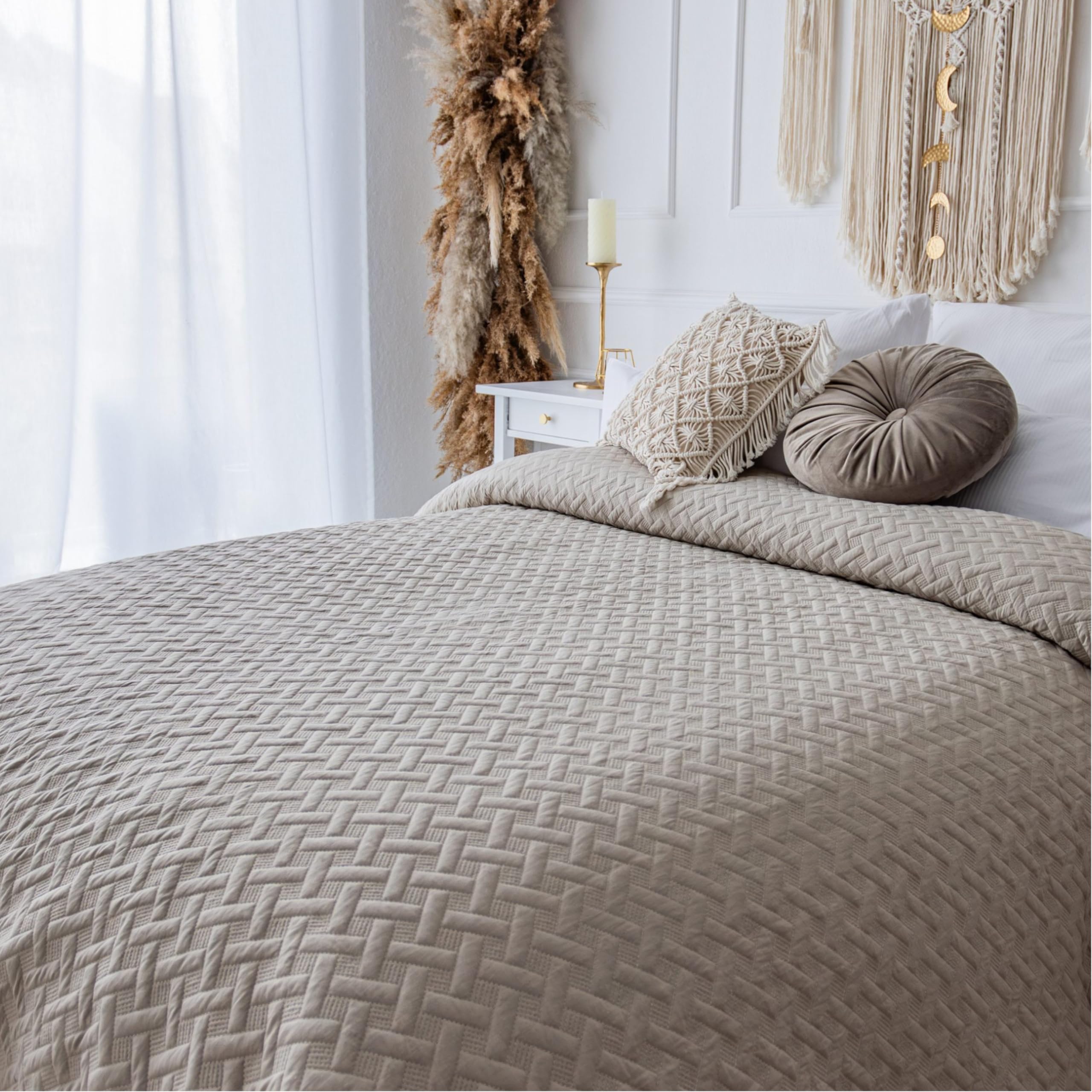 Tagesdecke 220x240 Leinenbeige Bettüberwurf Bett Überwurf Sofaüberwurf Steppdecke Sofa Decke Überwurfdecke Betthusse XXL Überdecke Gesteppte Tagesdecken gesteppt Quilt Bedspread