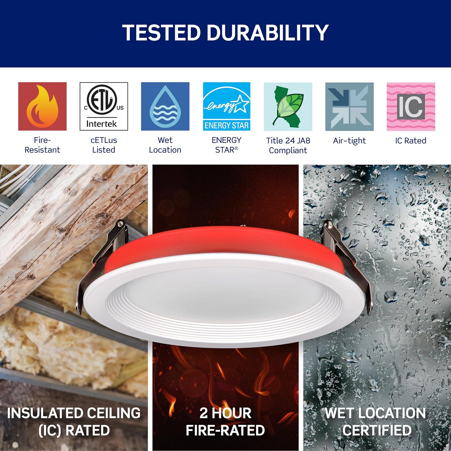 Leviton in. 2 Hour Fire-Rated Round Baffle Slim LED Canless Downlight, 1000 Lumens, 5 CCT Color Selectable 2700K-5000K, Dimmable, IC Rated, 4