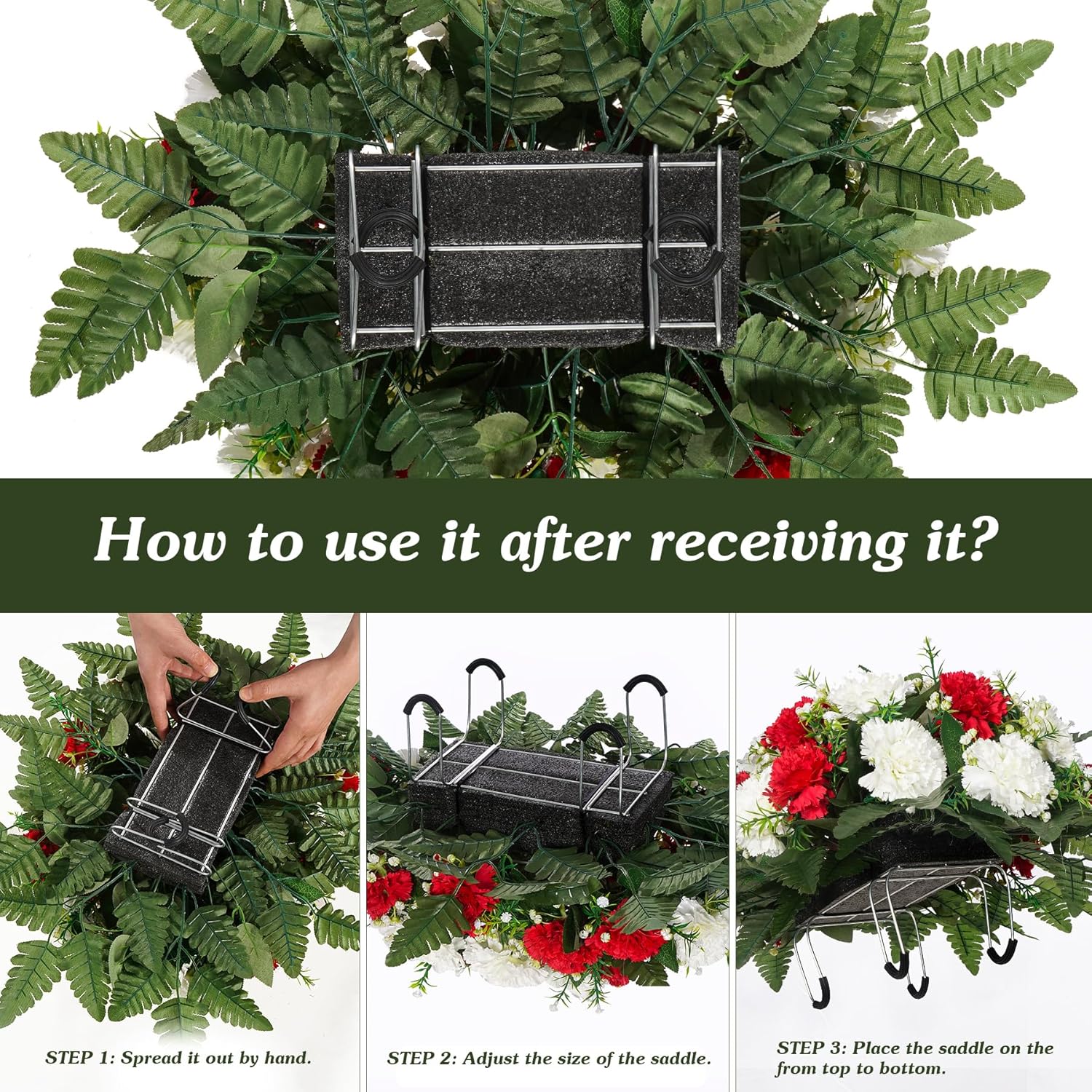 Artificial Cemetery Flowers Silk Flowers Saddle for Headstone Graves Memorial Day Tombstone Floral Christmas Fall and Winter Set Fixed Decor (Red White)