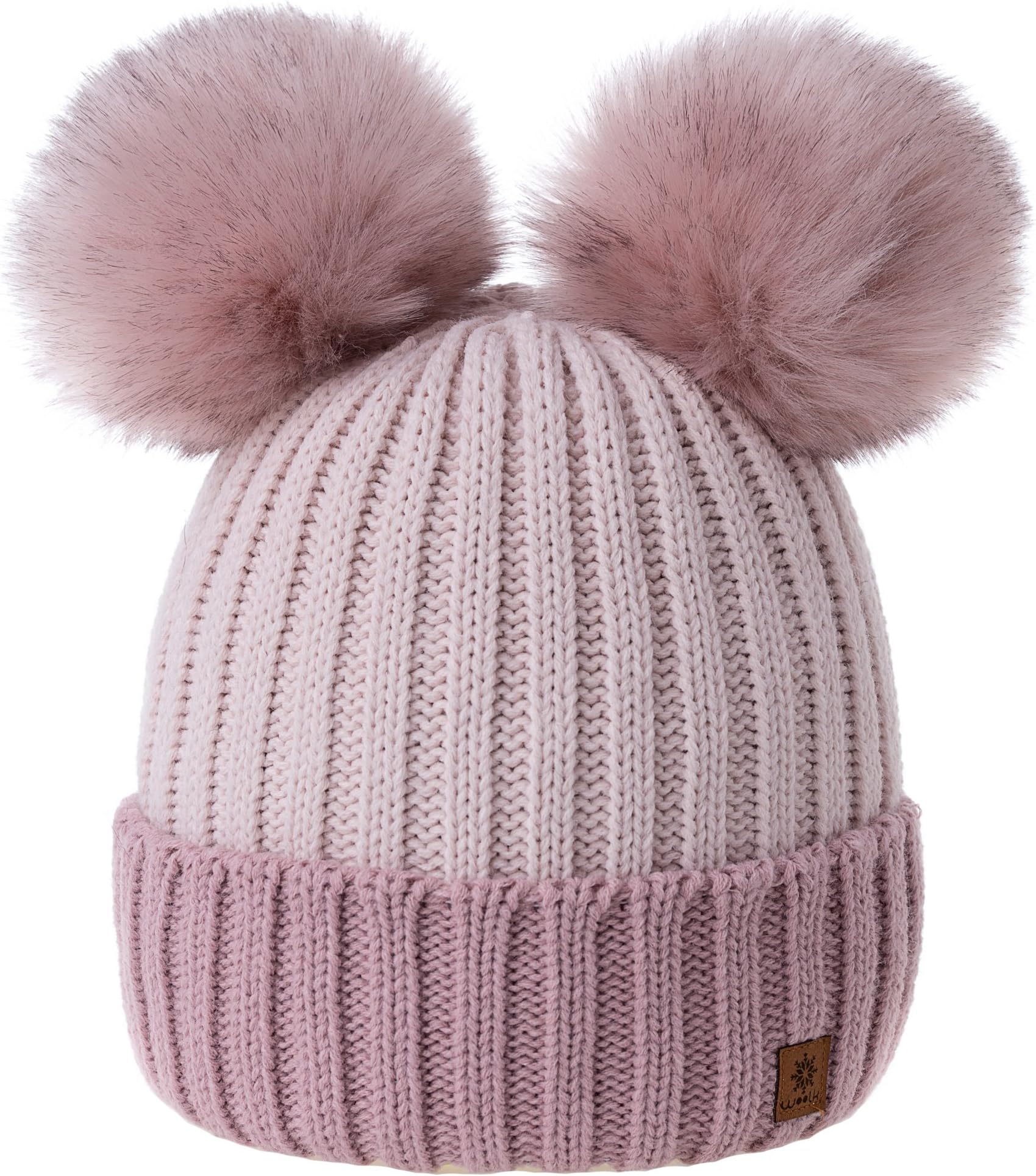 Women Ladies Winter Beanie Hat Knitted Chunky with Double Faux Fur Pom Pom