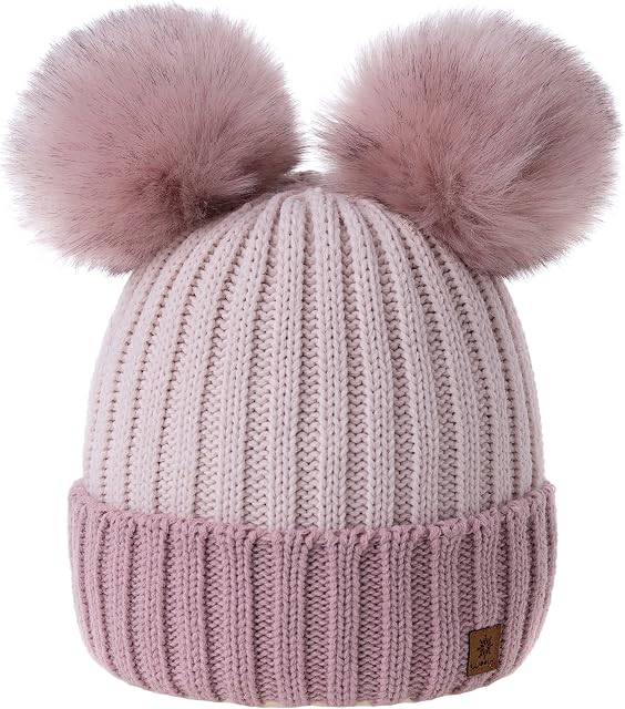 MFAZ Morefaz Ltd Women Ladies Winter Beanie Hat Knitted Chunky with Double Faux Fur Pom Pom