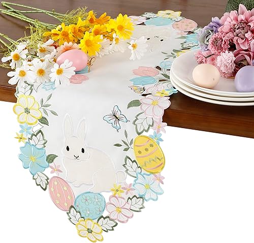 Camino de mesa de Pascua con diseño de conejitos de primavera, huevos, flores, bordado, floral y conejos, huevos, tocador, bufanda, decoración de