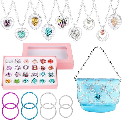 WATINC 42Pcs Princess Pretend Jewelry Toy Girl’s Jewelry Dress Up Play Set Included Blue Shiny Handbag Necklaces Adjustable Diamond Rings Bracelets for Little Girls Simulation Toy
