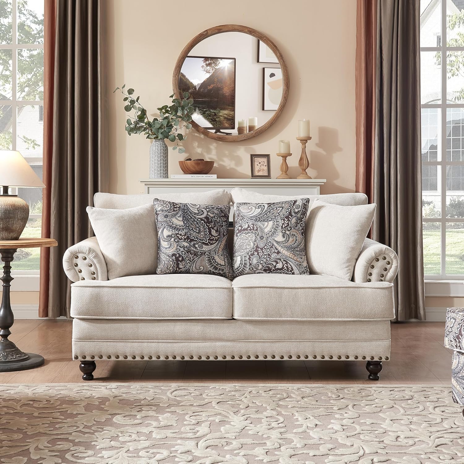 Modern Farmhouse Loveseat Sofa, Chenille Upholstery with Nailhead Trim, Small Couch for Living Room, Bedroom, Office, or Apartment, Includes 4 Accent Pillows