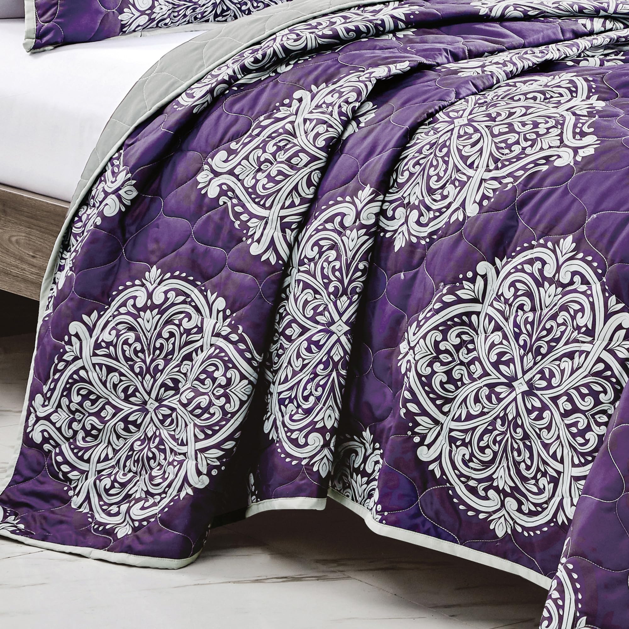 ESCA 3-Piece Lachlan Purple Bedspread Set Queen Size Reversible Grey Quilt