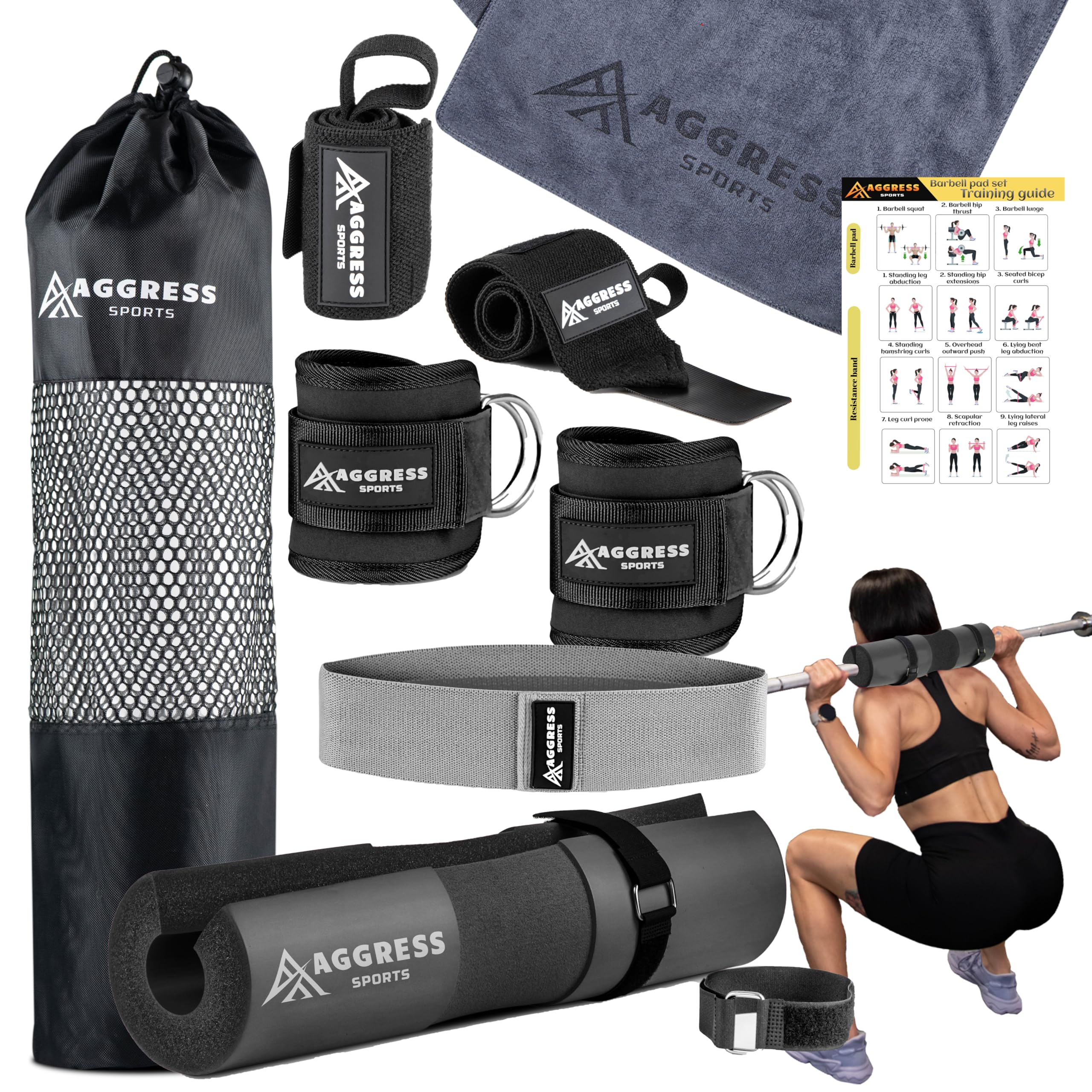 Premium Barbell Pad Set for Hip Thrusts - Squat Pad for Barbell Lunges, Bench Press, with 2 Gym Ankle Straps, Hip Resistance Bands – Gym Accessories for Women with Carry Bag, Towel