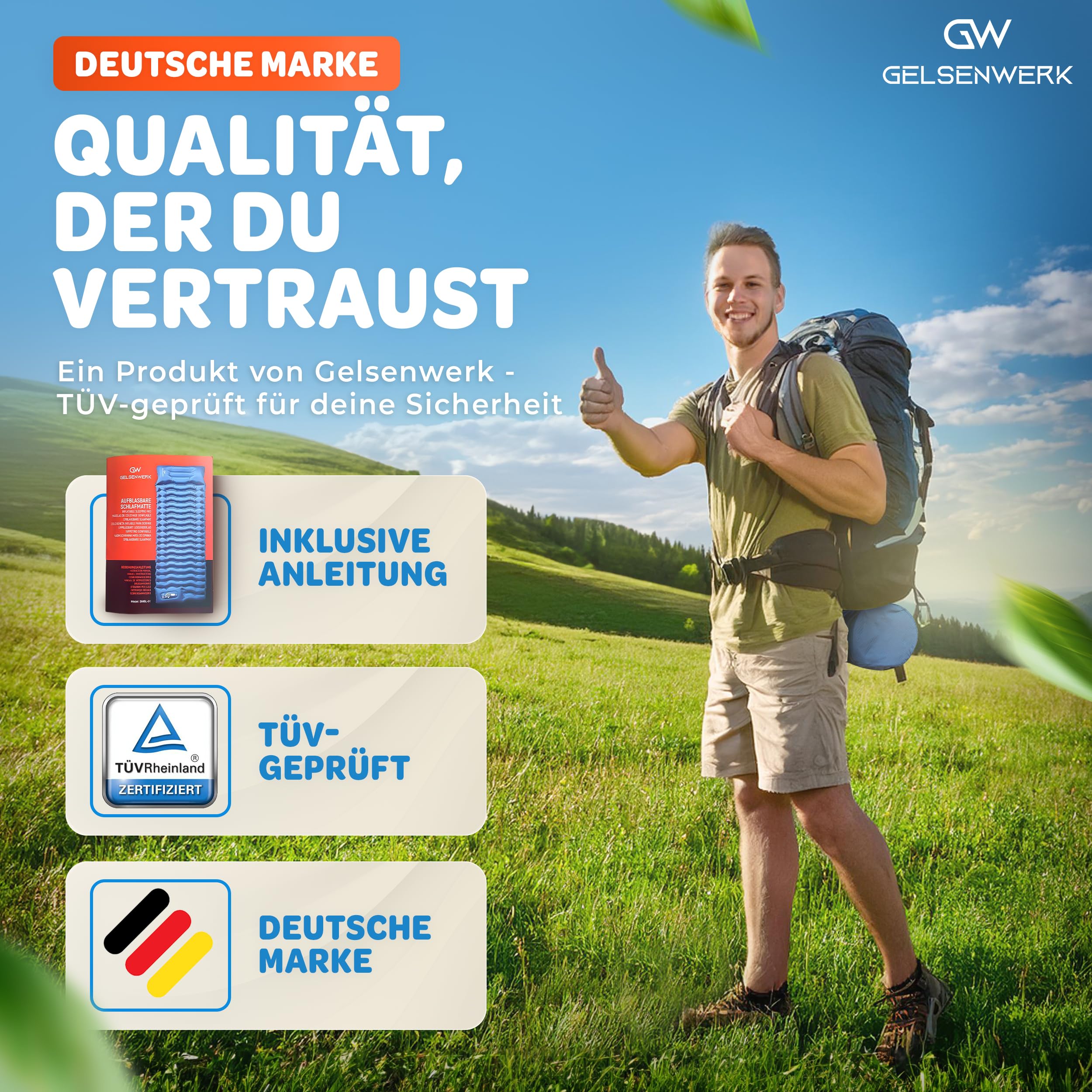 Isomatte Camping Ultraleicht 10cm & kleines Packmaß - Camping Luftmatratze mit Fußpumpe & Kopfkissen - Outdoor Schlafmatte isolierend für Wandern & Zelten